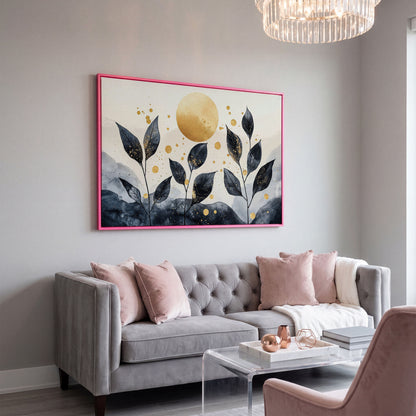 Black Leaves and Golden Sun Abstract Canvas in pink floating frame