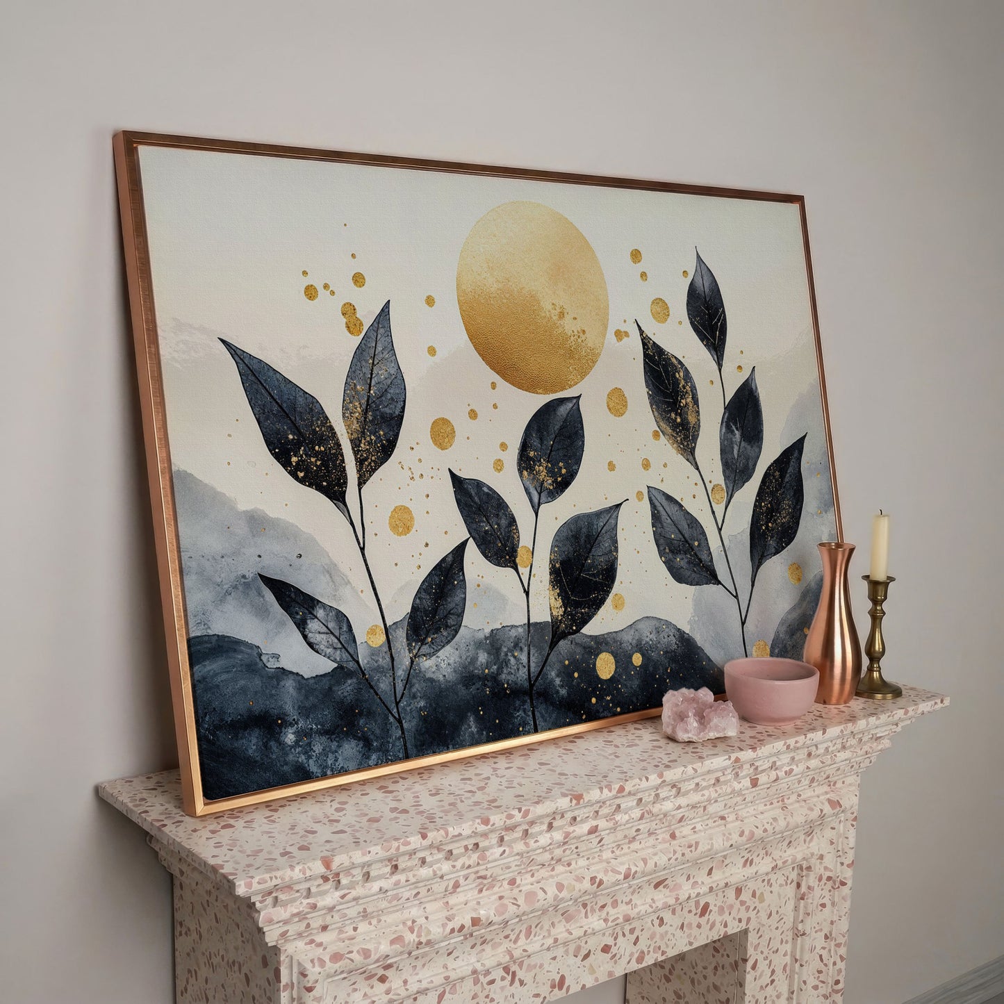 Black Leaves and Golden Sun Abstract Canvas in rose gold floating frame