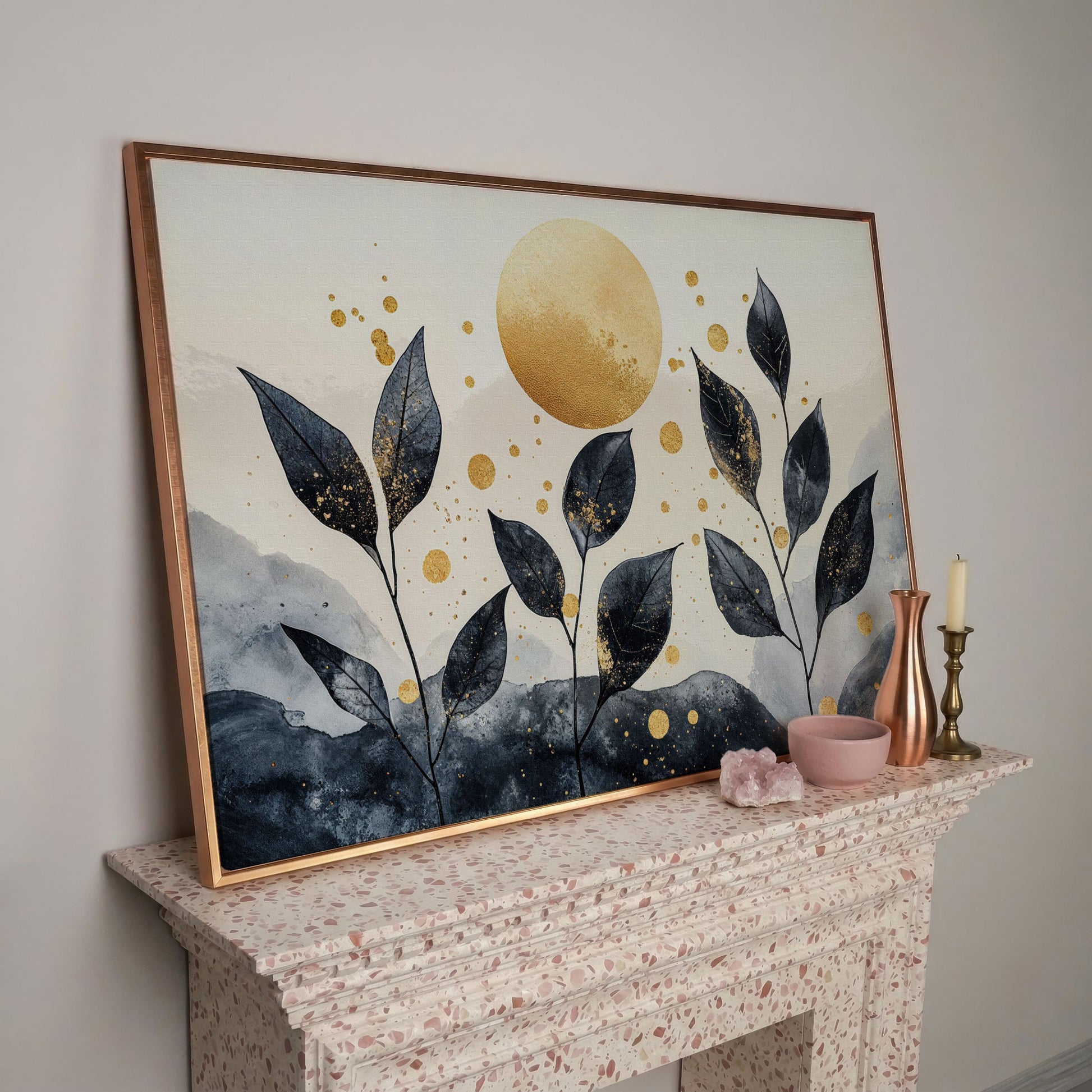 Black Leaves and Golden Sun Abstract Canvas in rose gold floating frame