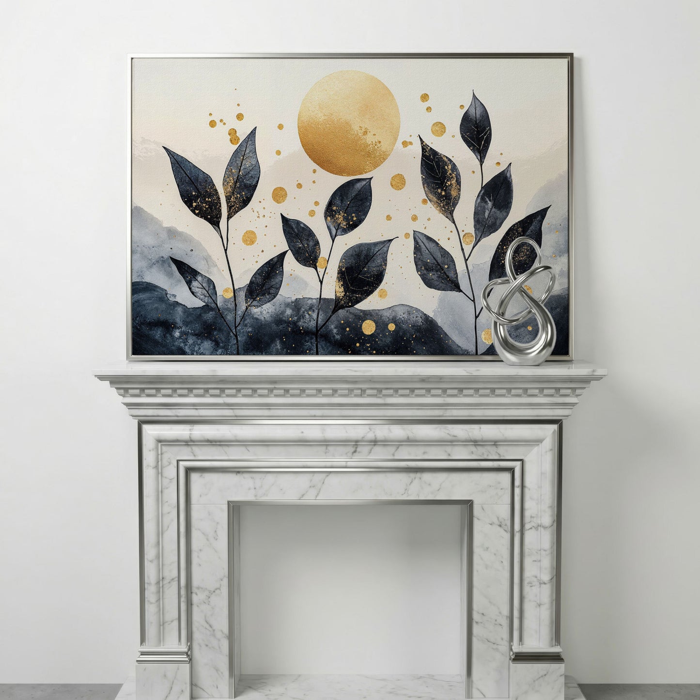 Black Leaves and Golden Sun Abstract Canvas in silver floating frame