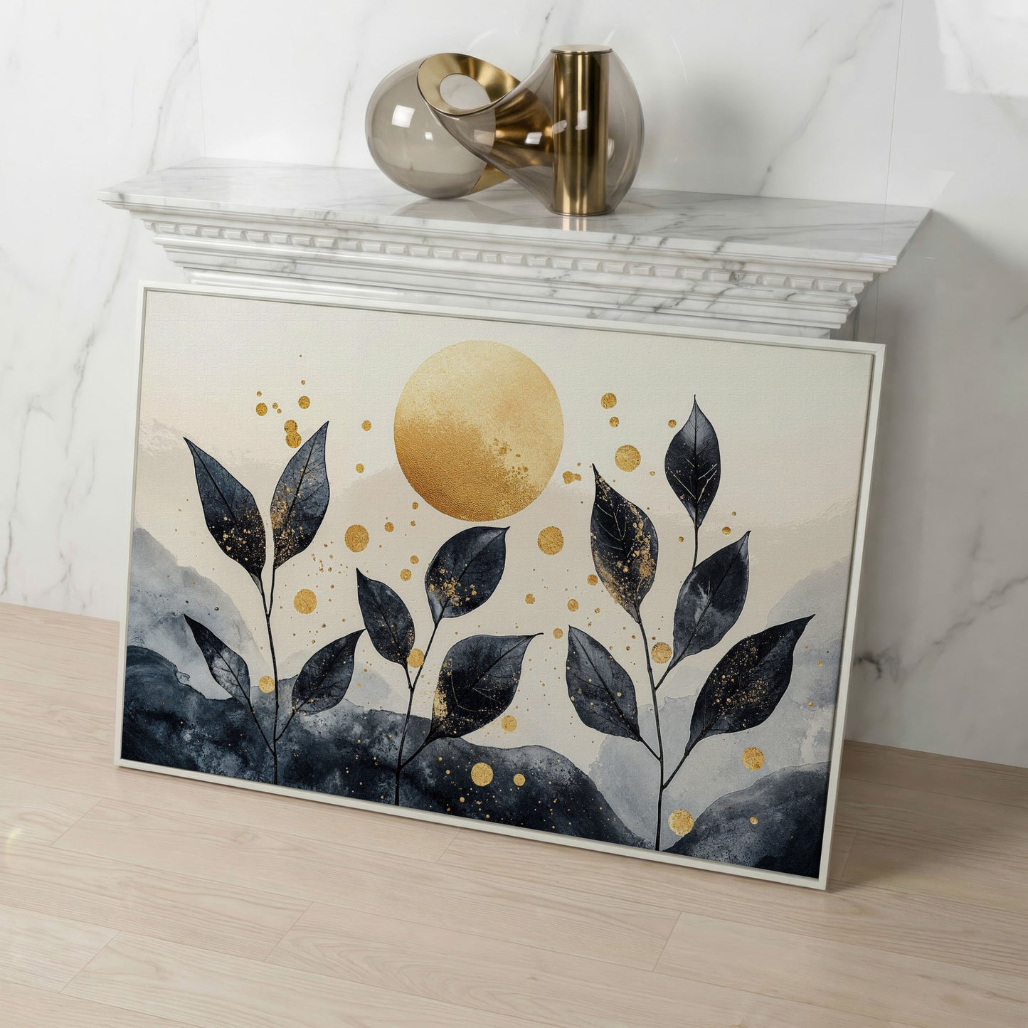 Black Leaves and Golden Sun Abstract Canvas in white floating frame