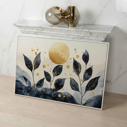 Black Leaves and Golden Sun Abstract Canvas in white floating frame