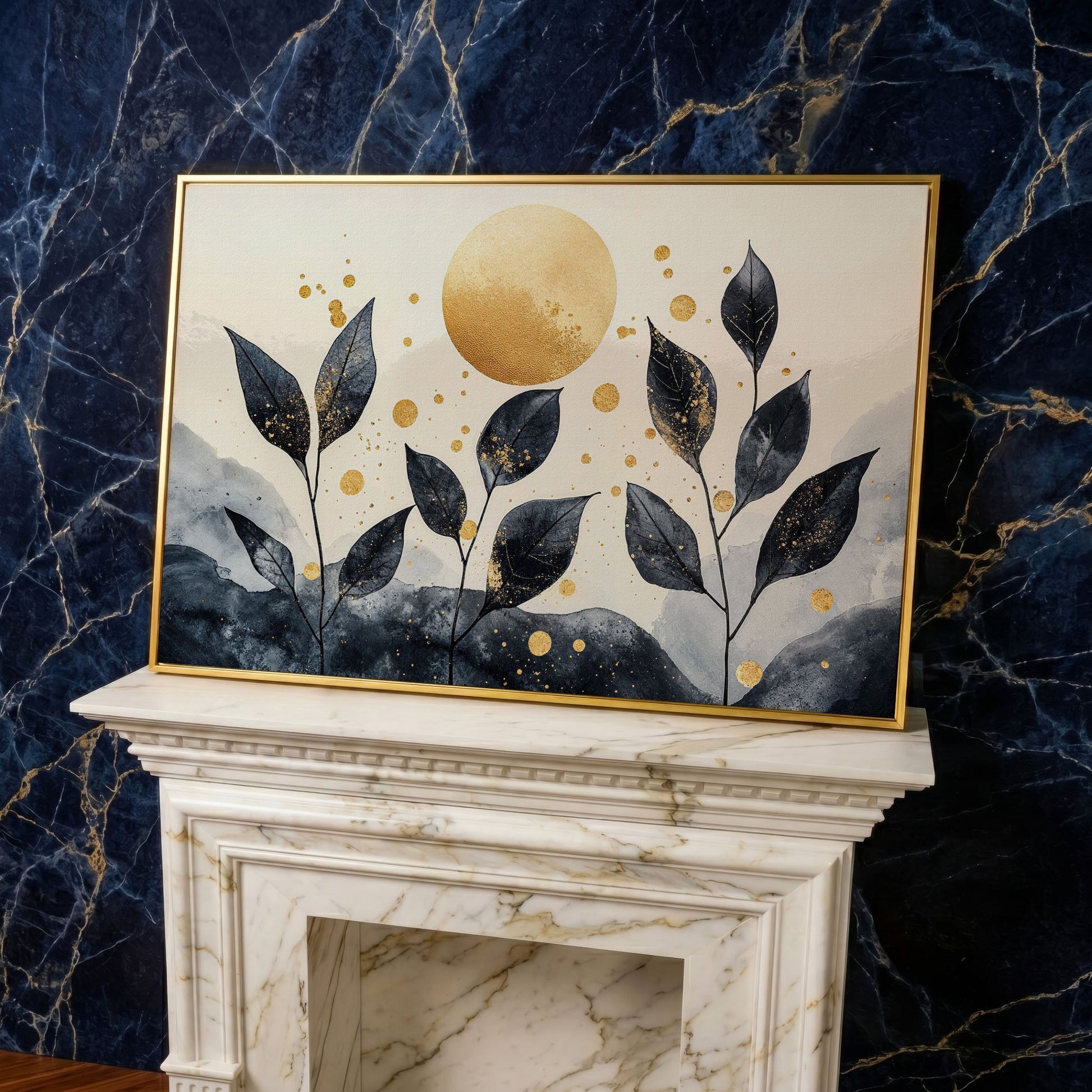 Black Leaves and Golden Sun Abstract Canvas in yellow gold floating frame