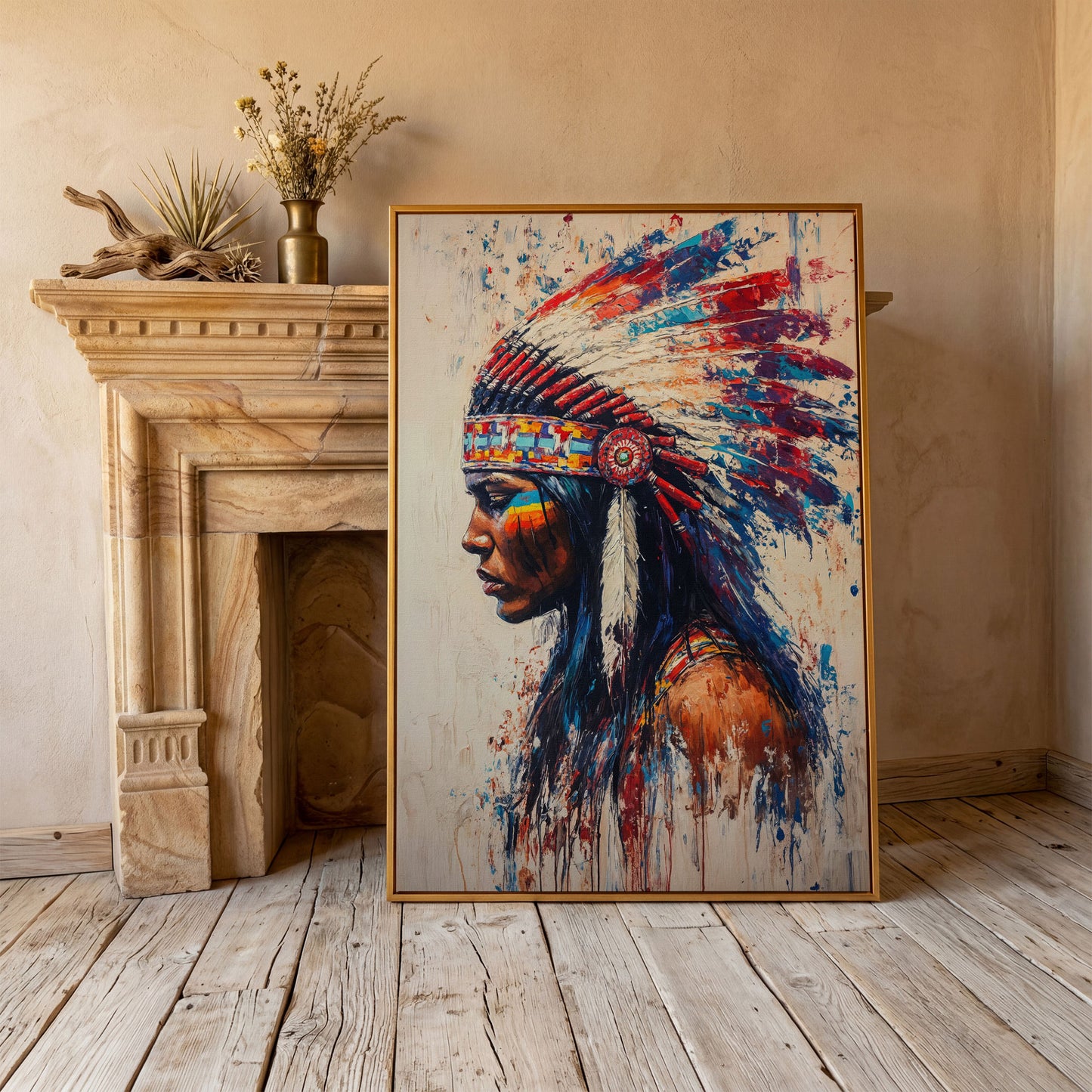 Indigenous Woman in Profile Canvas Print in antique gold floating frame