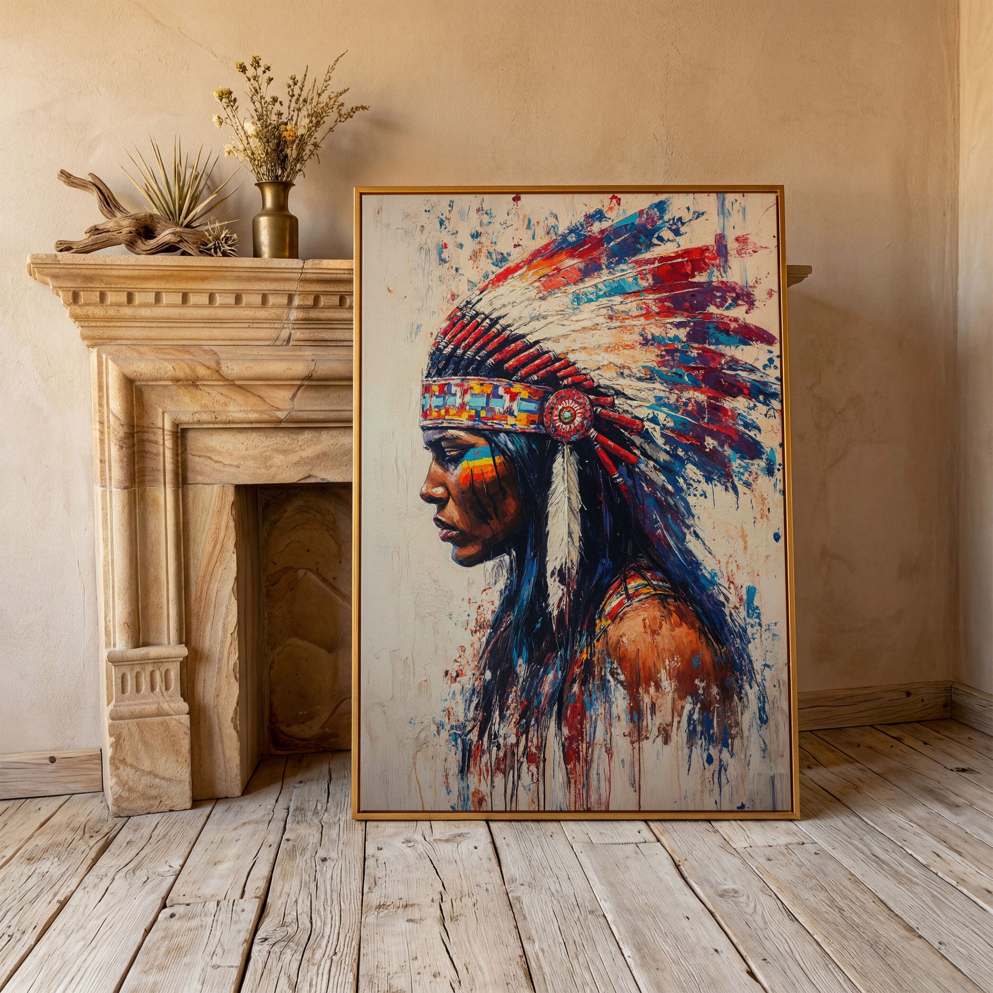 Indigenous Woman in Profile Canvas Print in antique gold floating frame