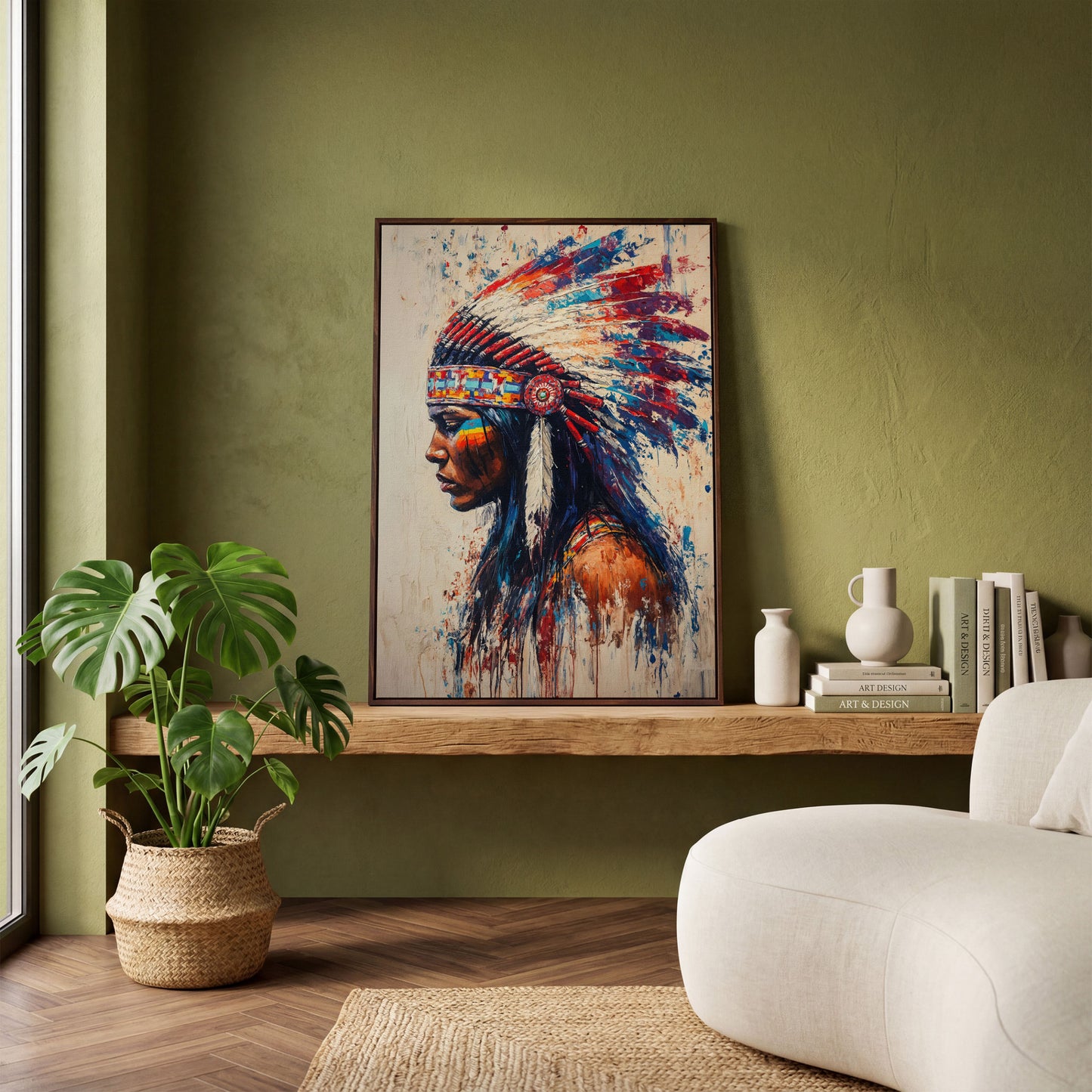 Indigenous Woman in Profile Canvas Print in dark walnut floating frame