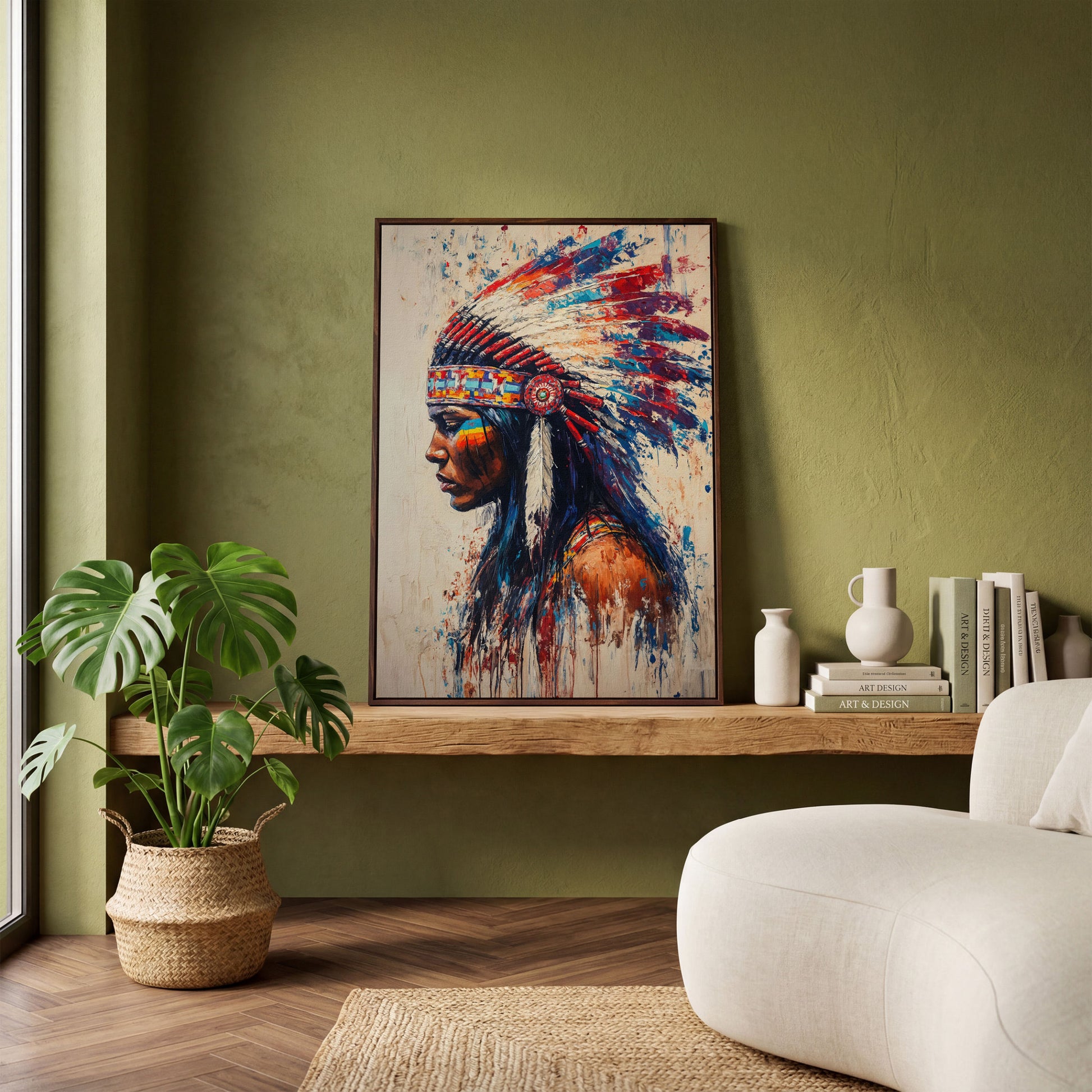 Indigenous Woman in Profile Canvas Print in dark walnut floating frame