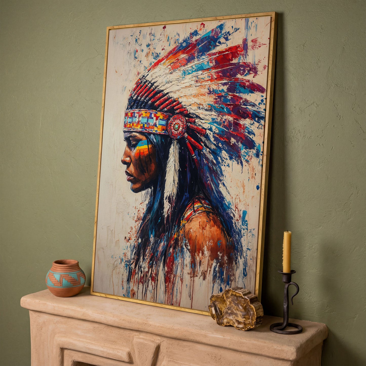 Indigenous Woman in Profile Canvas Print in white oak floating frame