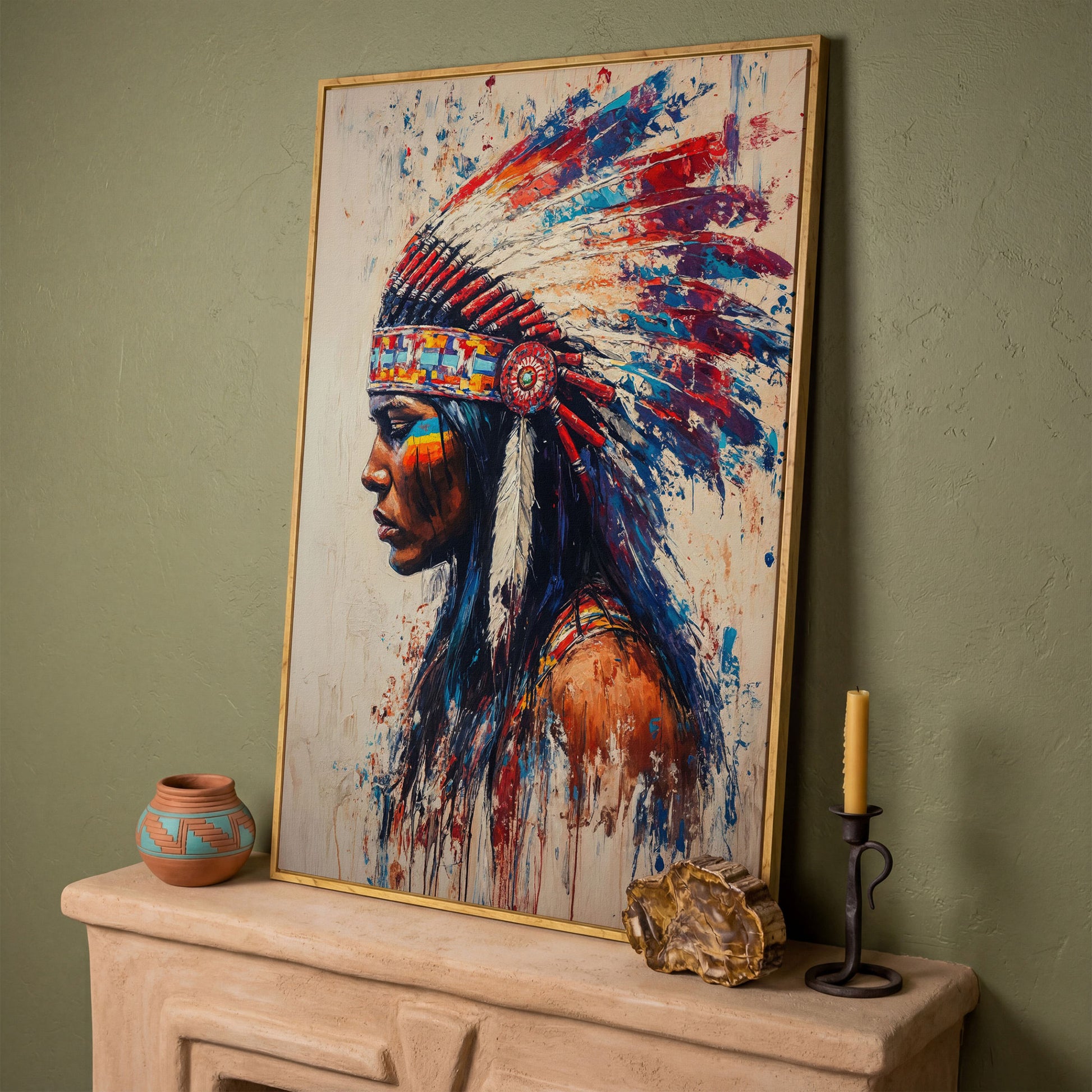 Indigenous Woman in Profile Canvas Print in white oak floating frame