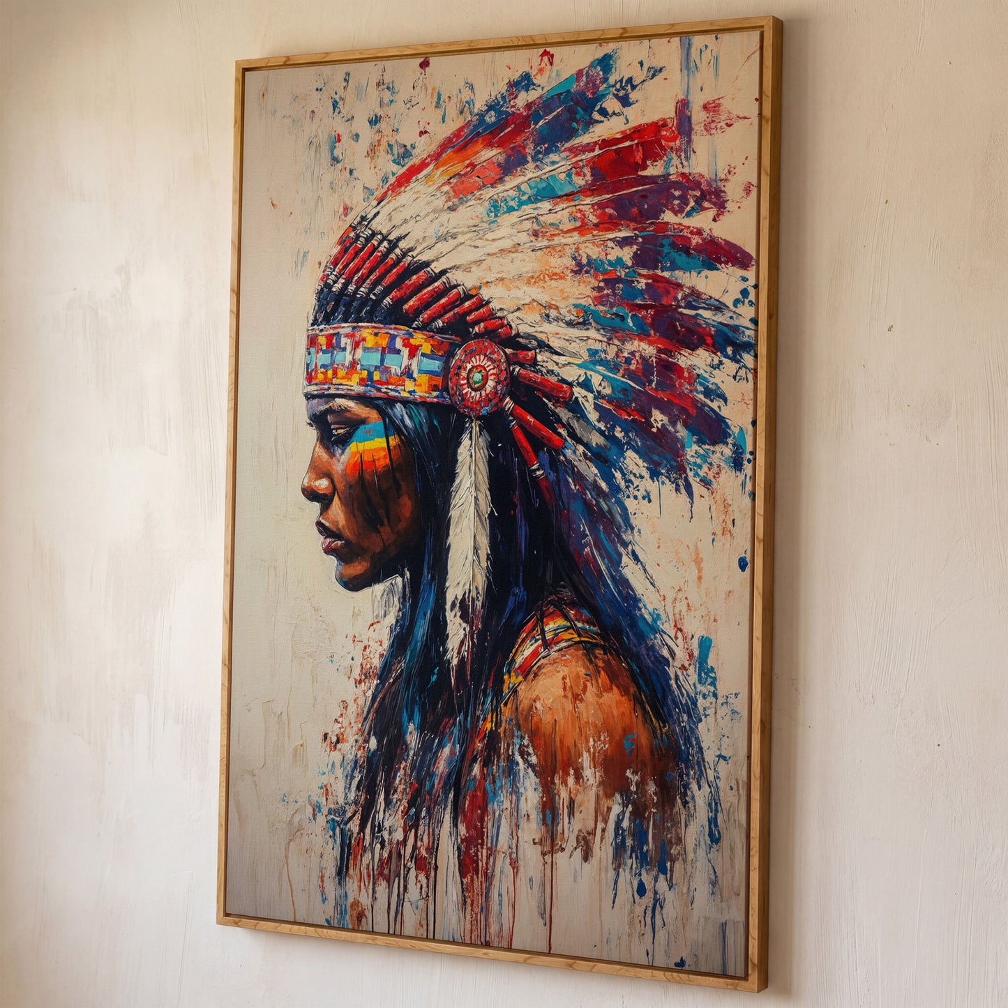 Indigenous Woman in Profile Canvas Print shown in white oak floating frame