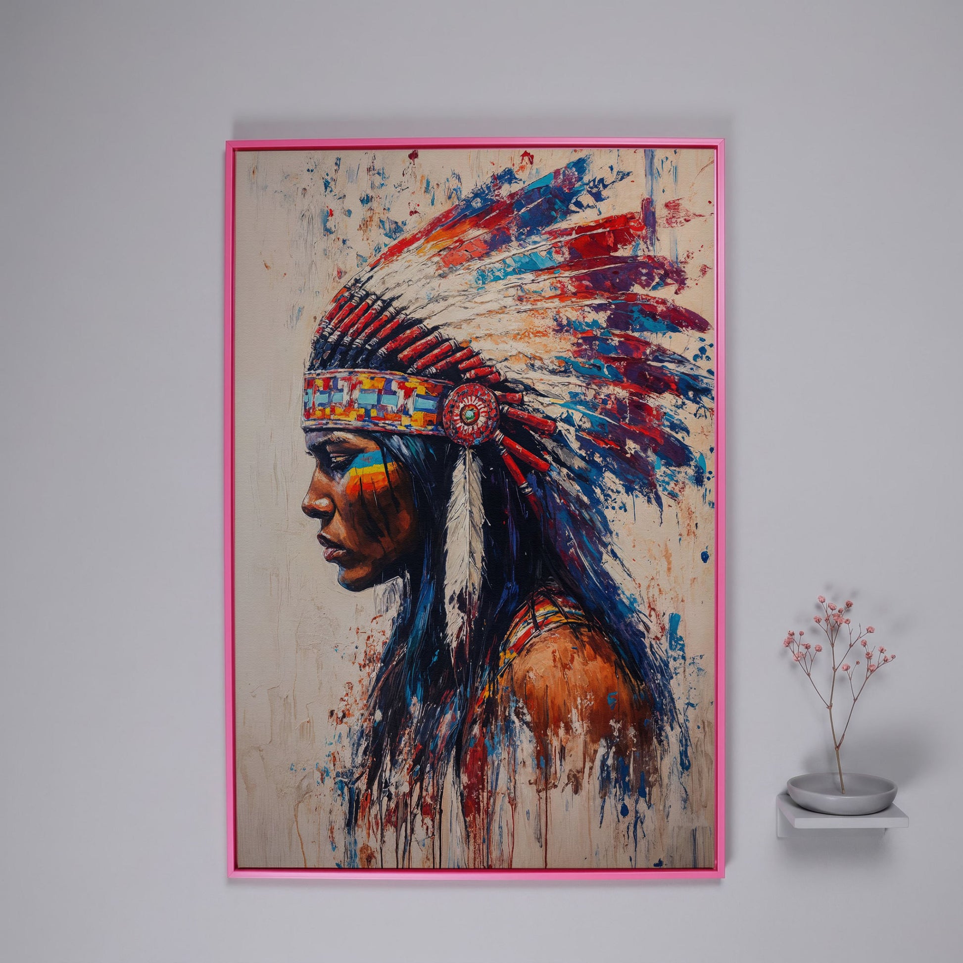 Indigenous Woman in Profile Canvas Print in pink floating frame