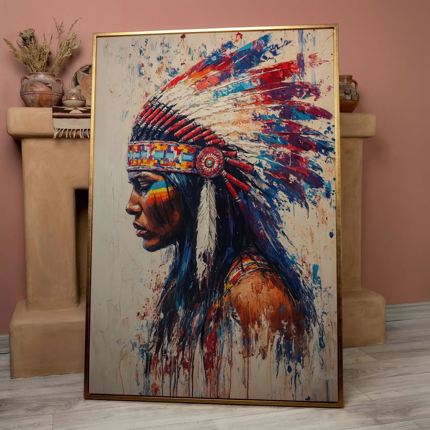 Indigenous Woman in Profile Canvas Print in rose gold floating frame