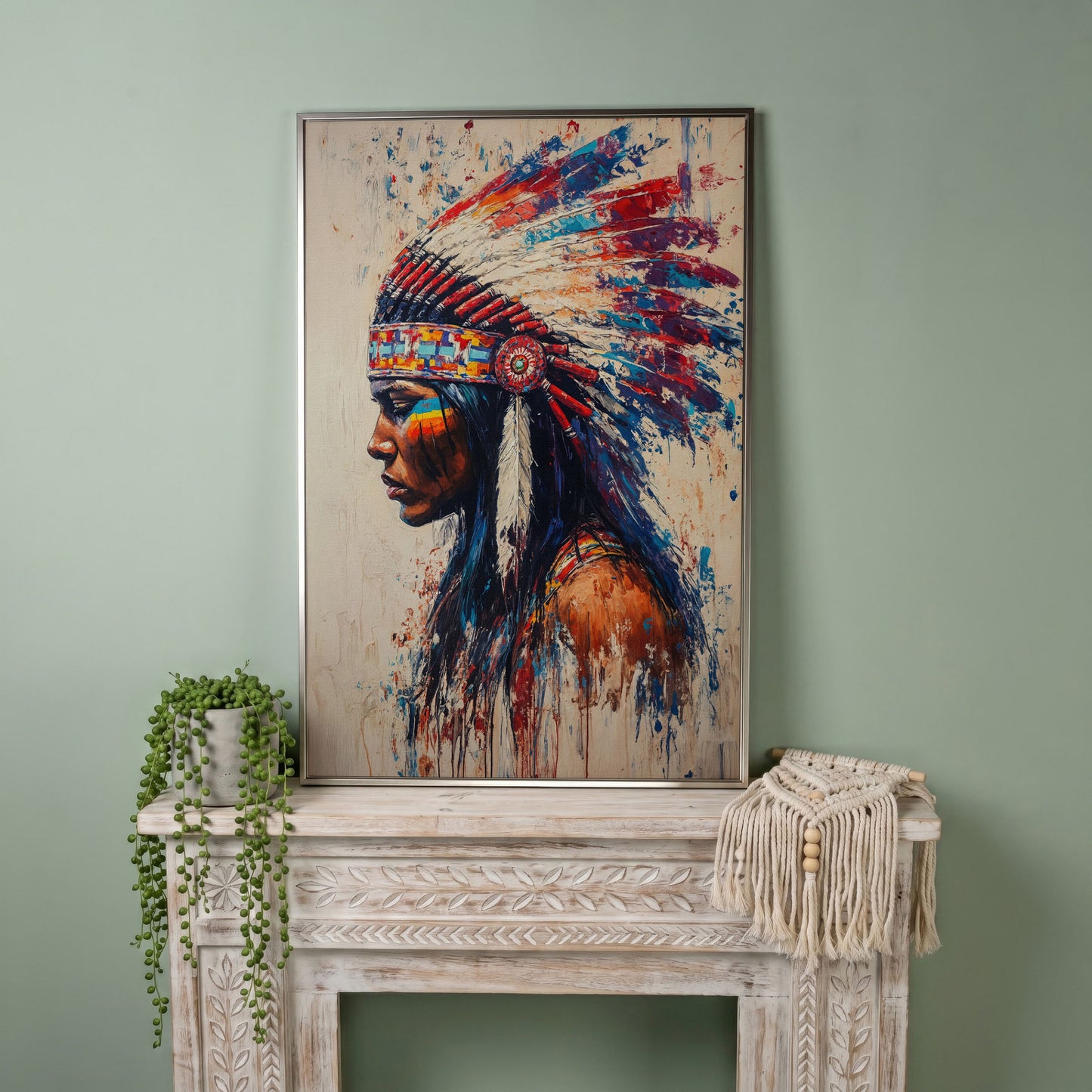 Indigenous Woman in Profile Canvas Print in silver floating frame
