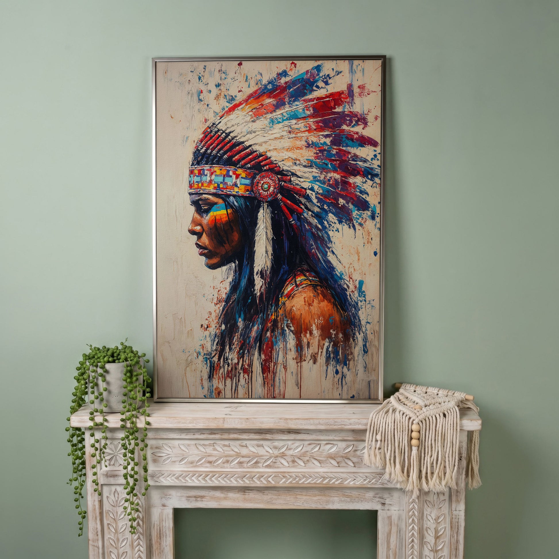 Indigenous Woman in Profile Canvas Print in silver floating frame
