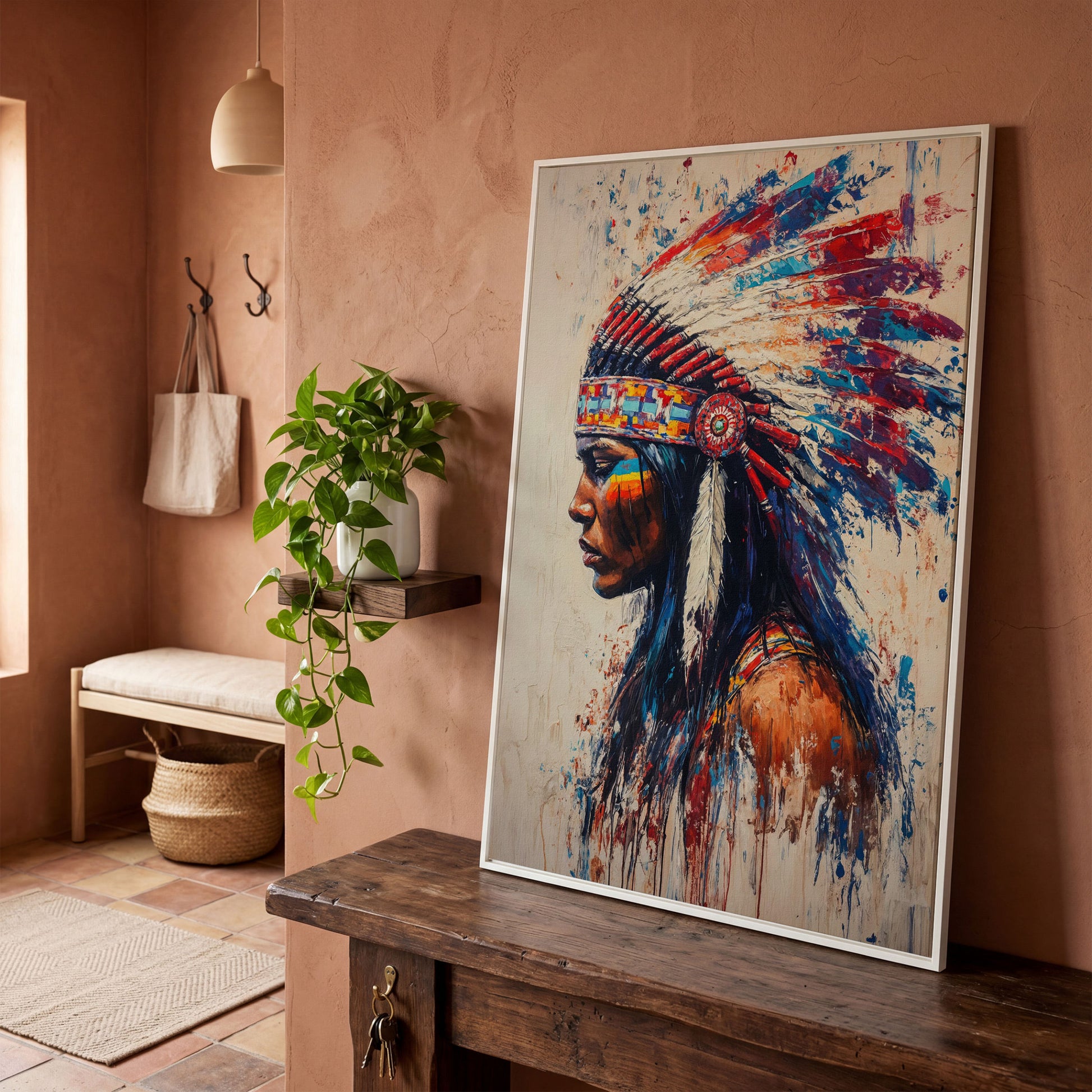 Indigenous Woman in Profile Canvas Print in white floating frame