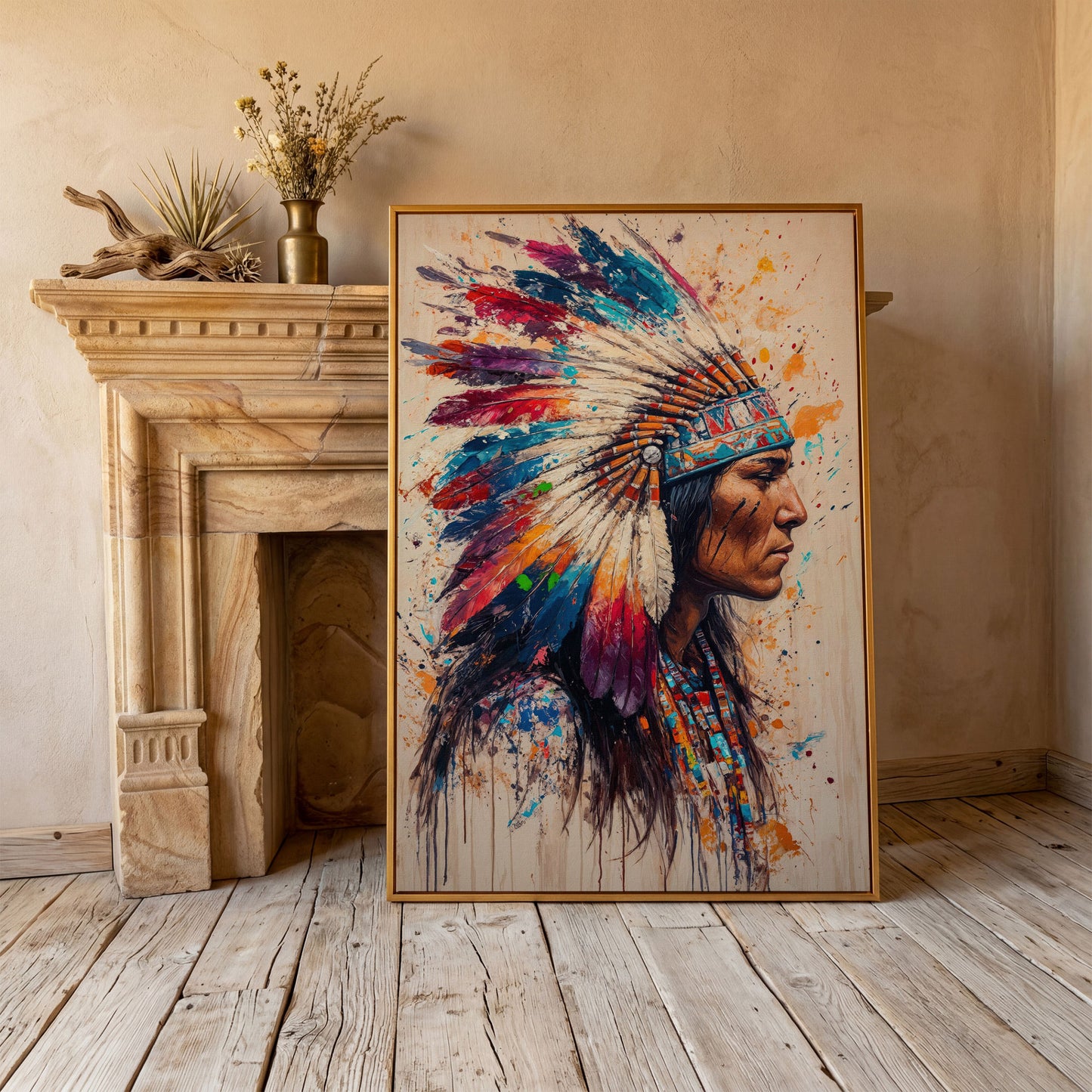 Native American Tribal Headdress Canvas in antique gold floating frame