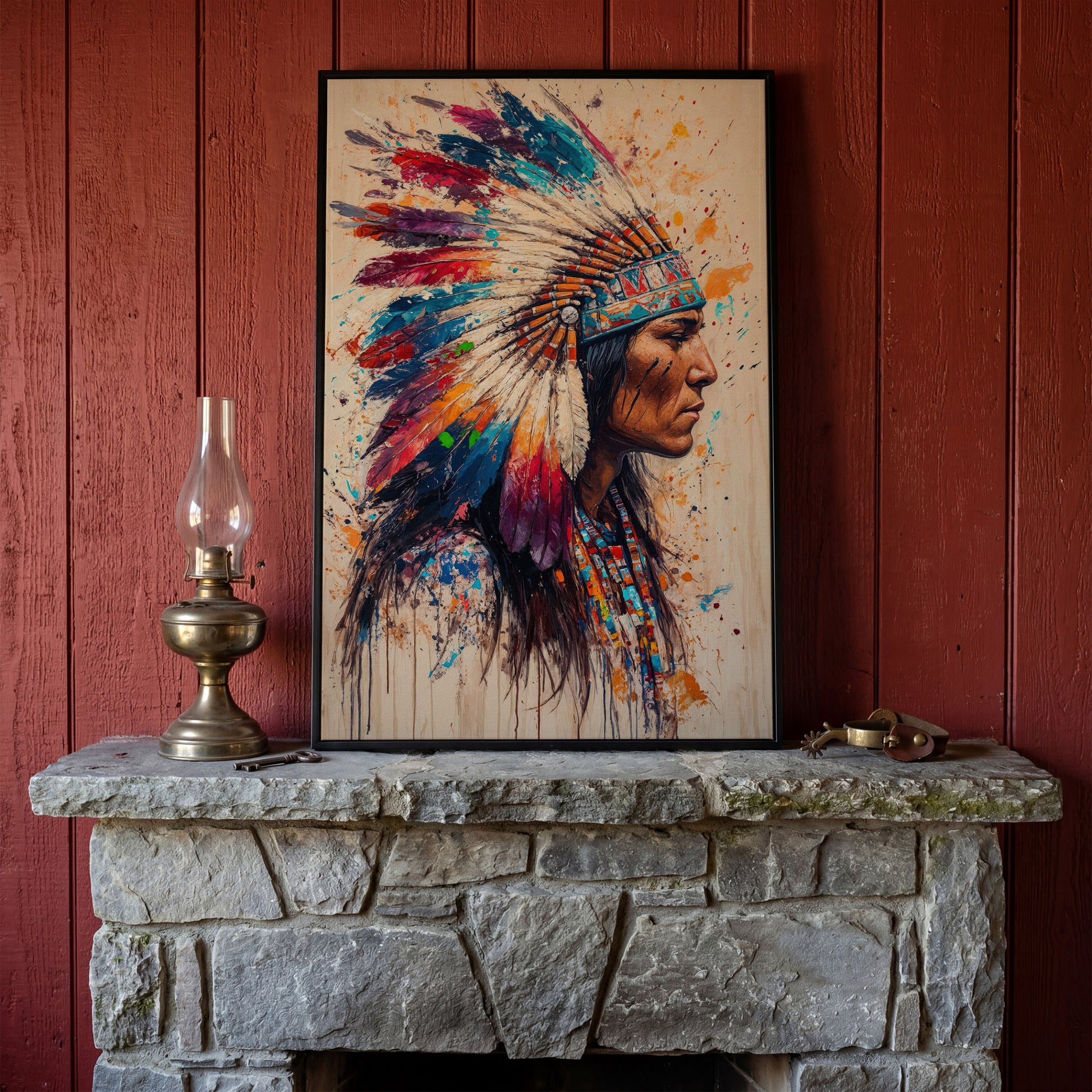 Native American Tribal Headdress Canvas in black floating frame