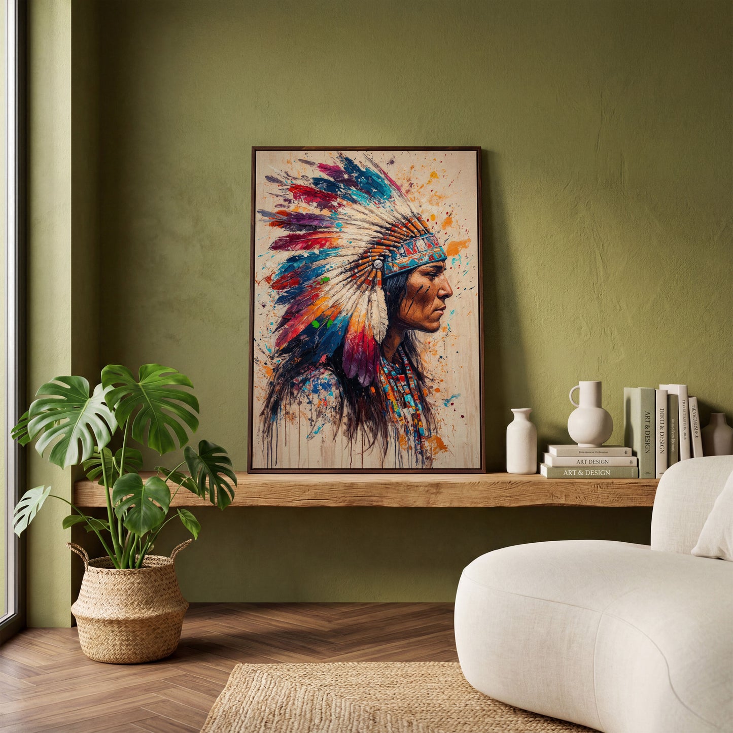 Native American Tribal Headdress Canvas in dark walnut floating frame