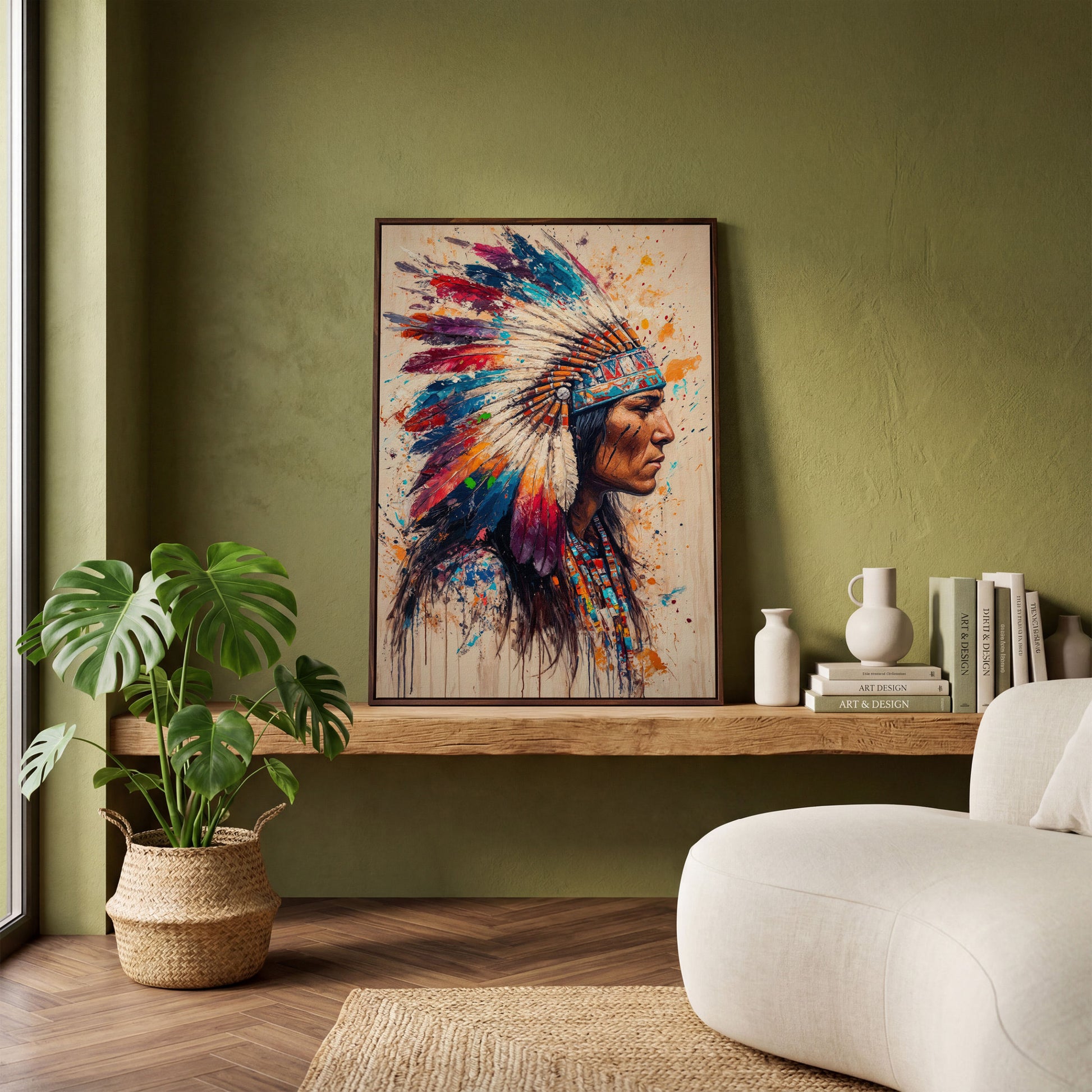 Native American Tribal Headdress Canvas in dark walnut floating frame