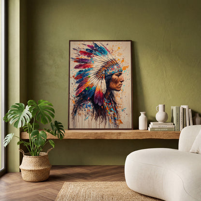 Native American Tribal Headdress Canvas in dark walnut floating frame
