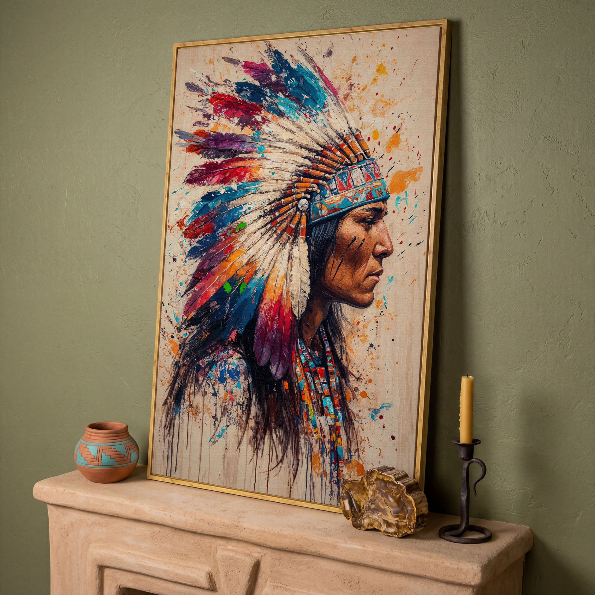 Native American Tribal Headdress Canvas in white oak floating frame