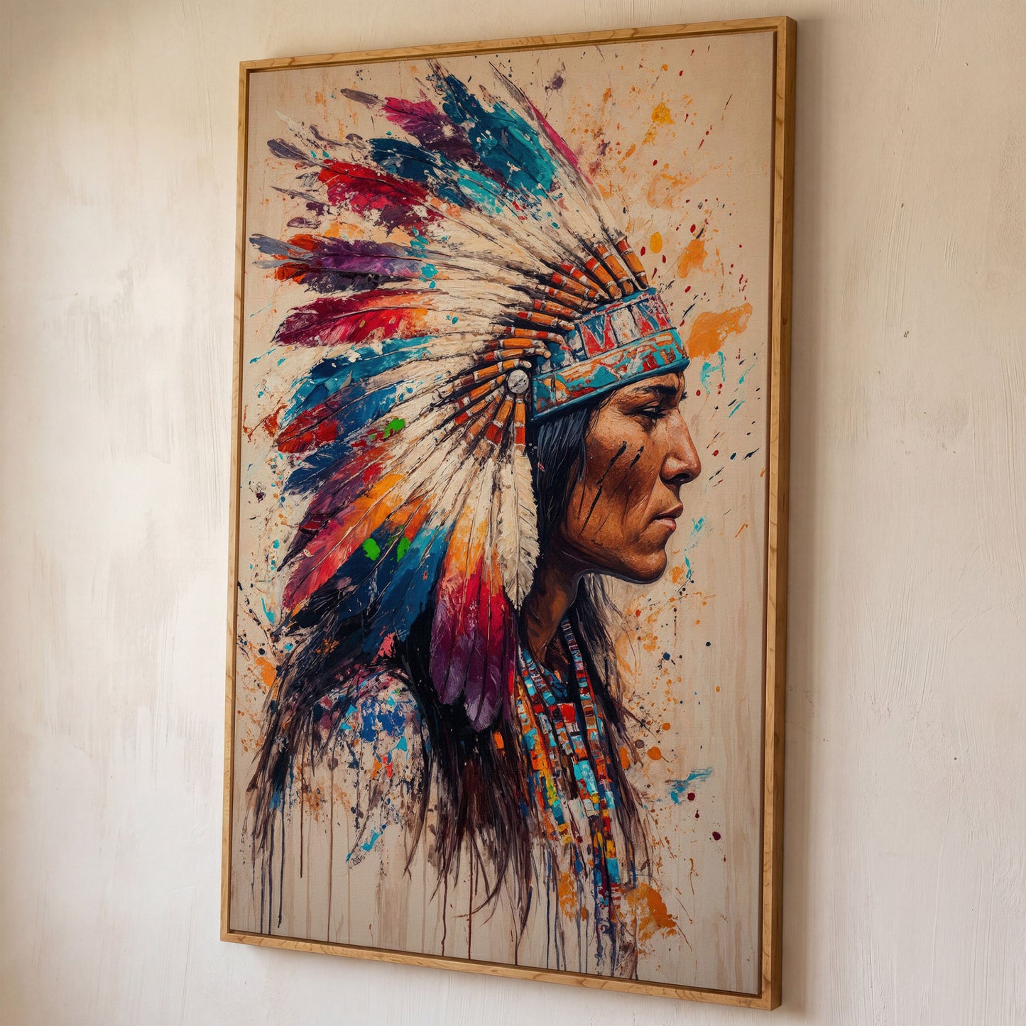 Native American Tribal Headdress Canvas shown in white oak floating frame
