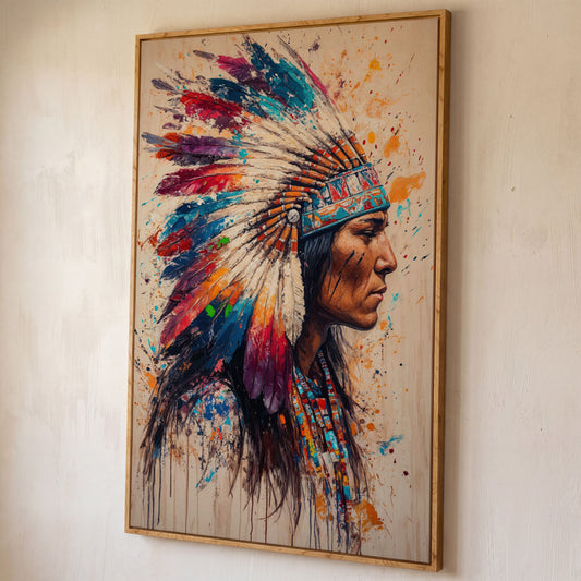 Native American Tribal Headdress Canvas shown in white oak floating frame