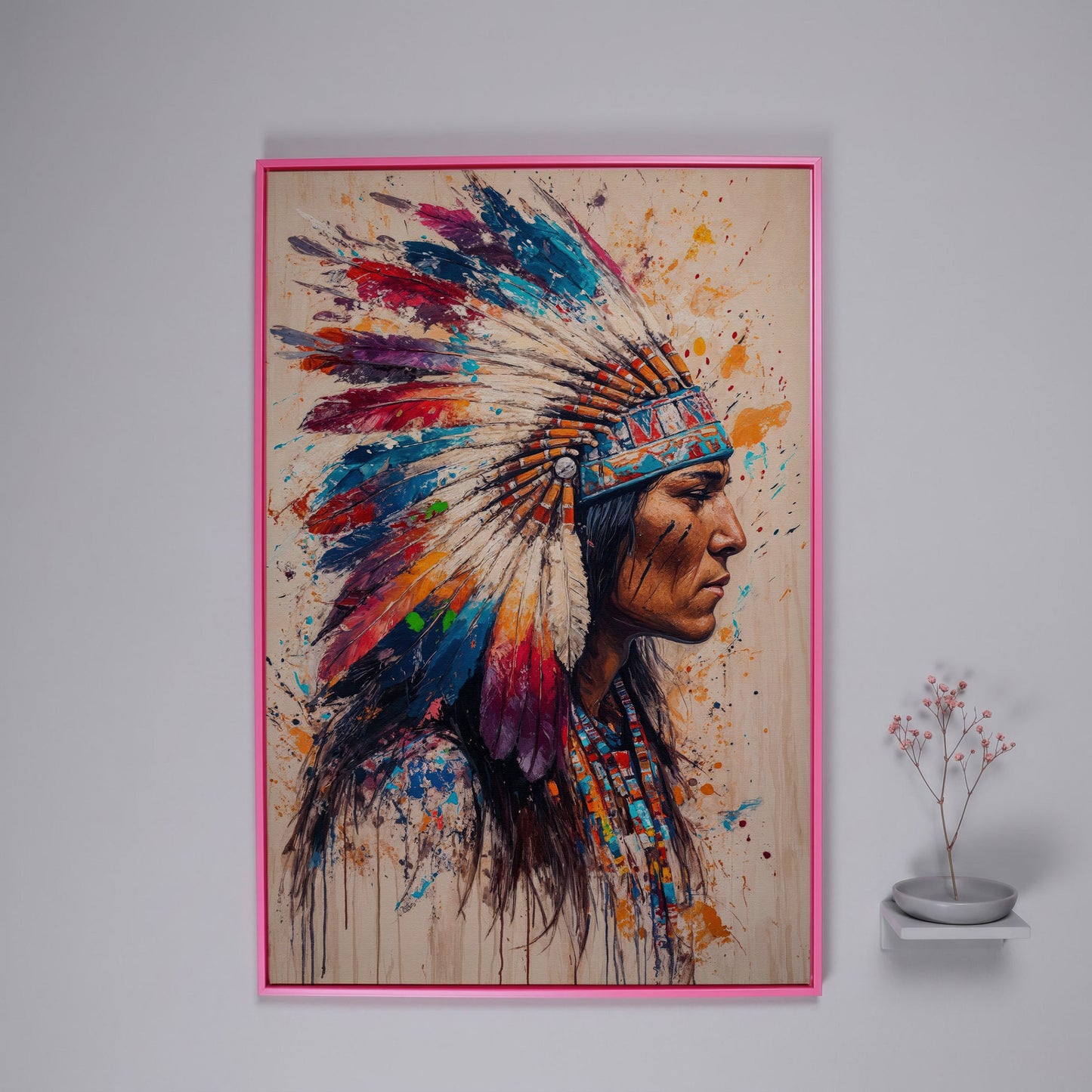 Native American Tribal Headdress Canvas in pink floating frame