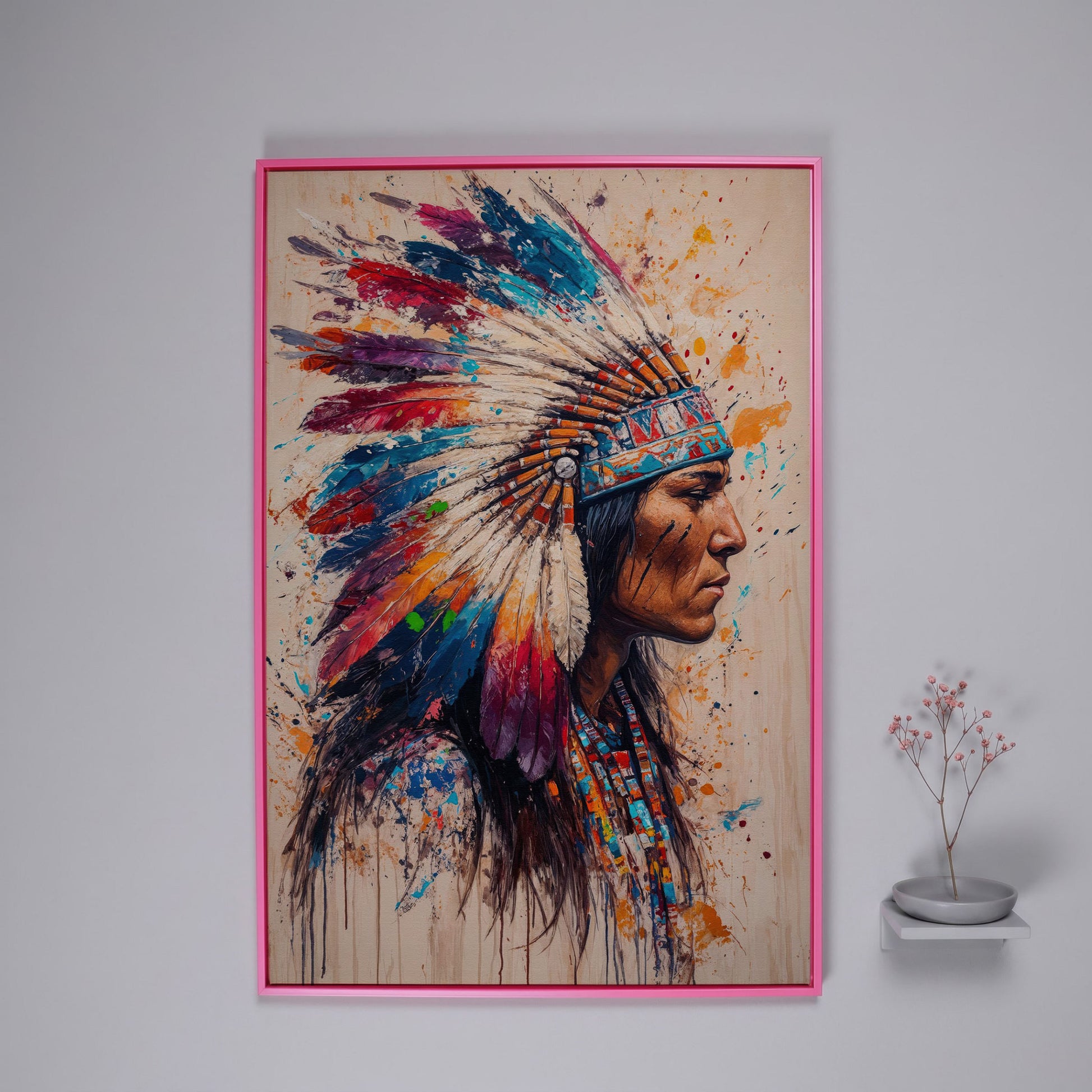 Native American Tribal Headdress Canvas in pink floating frame