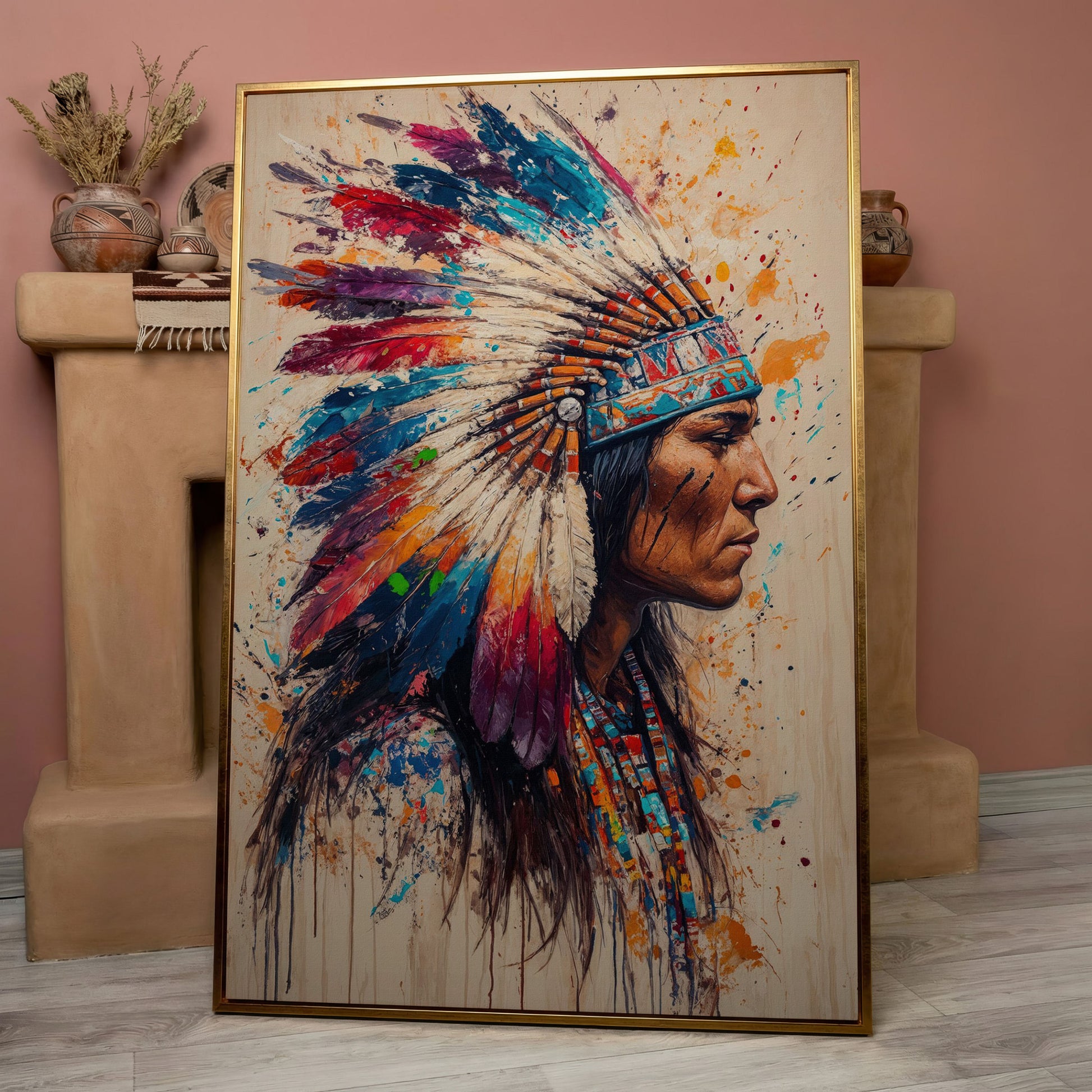 Native American Tribal Headdress Canvas in rose gold floating frame