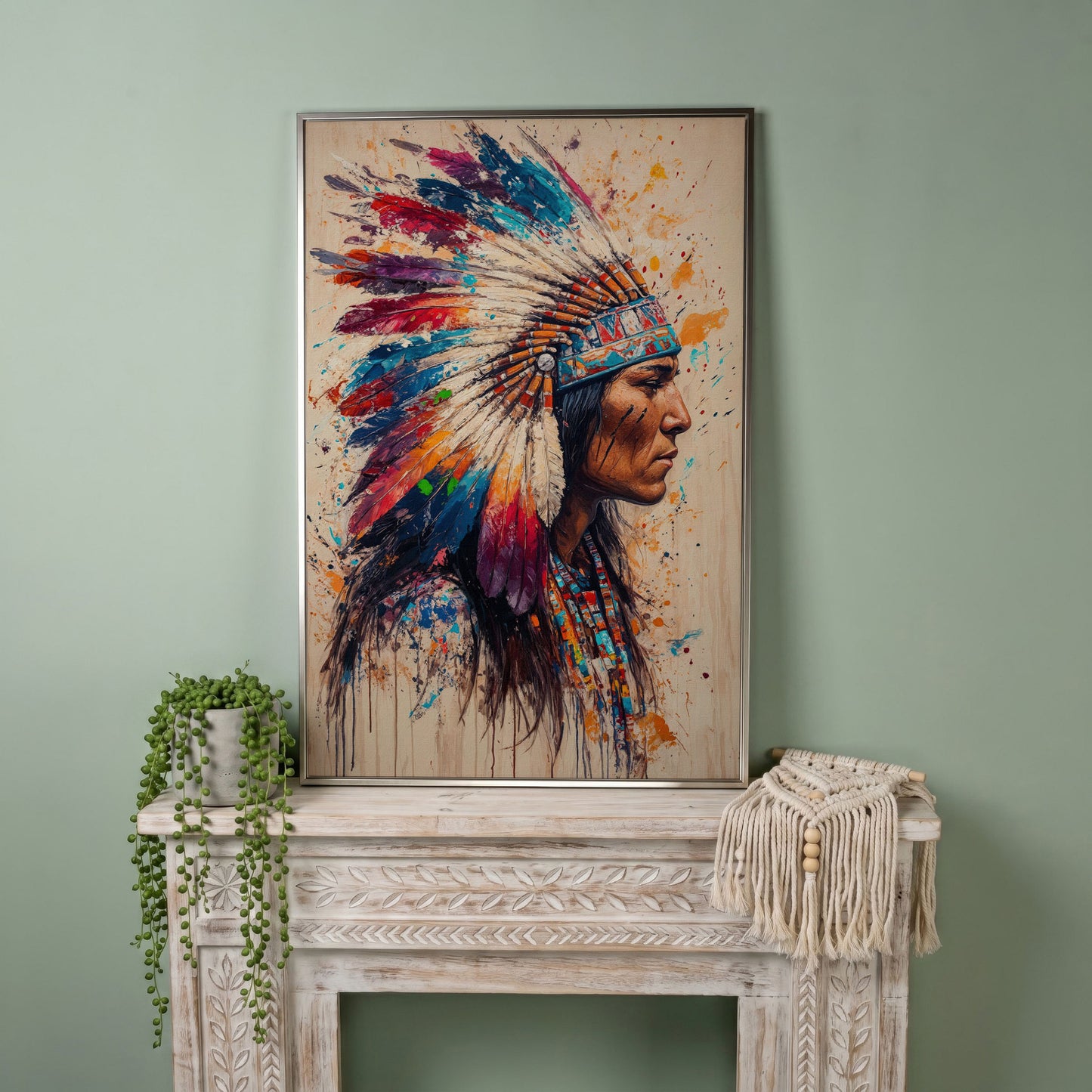 Native American Tribal Headdress Canvas in silver floating frame