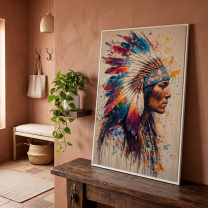 Native American Tribal Headdress Canvas in white floating frame