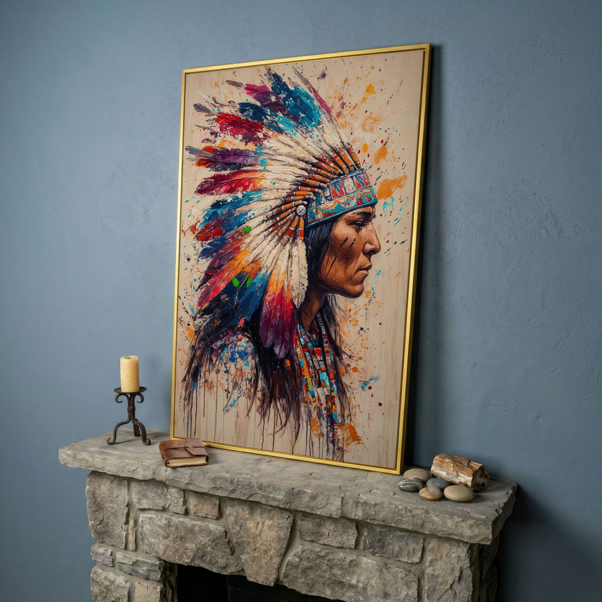 Native American Tribal Headdress Canvas in yellow gold floating frame