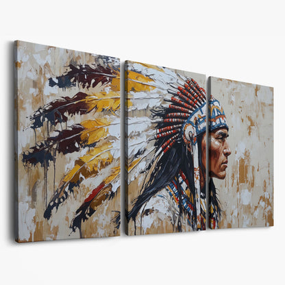 Traditional Chief Feather Headdress Canvas as 3-panel split version