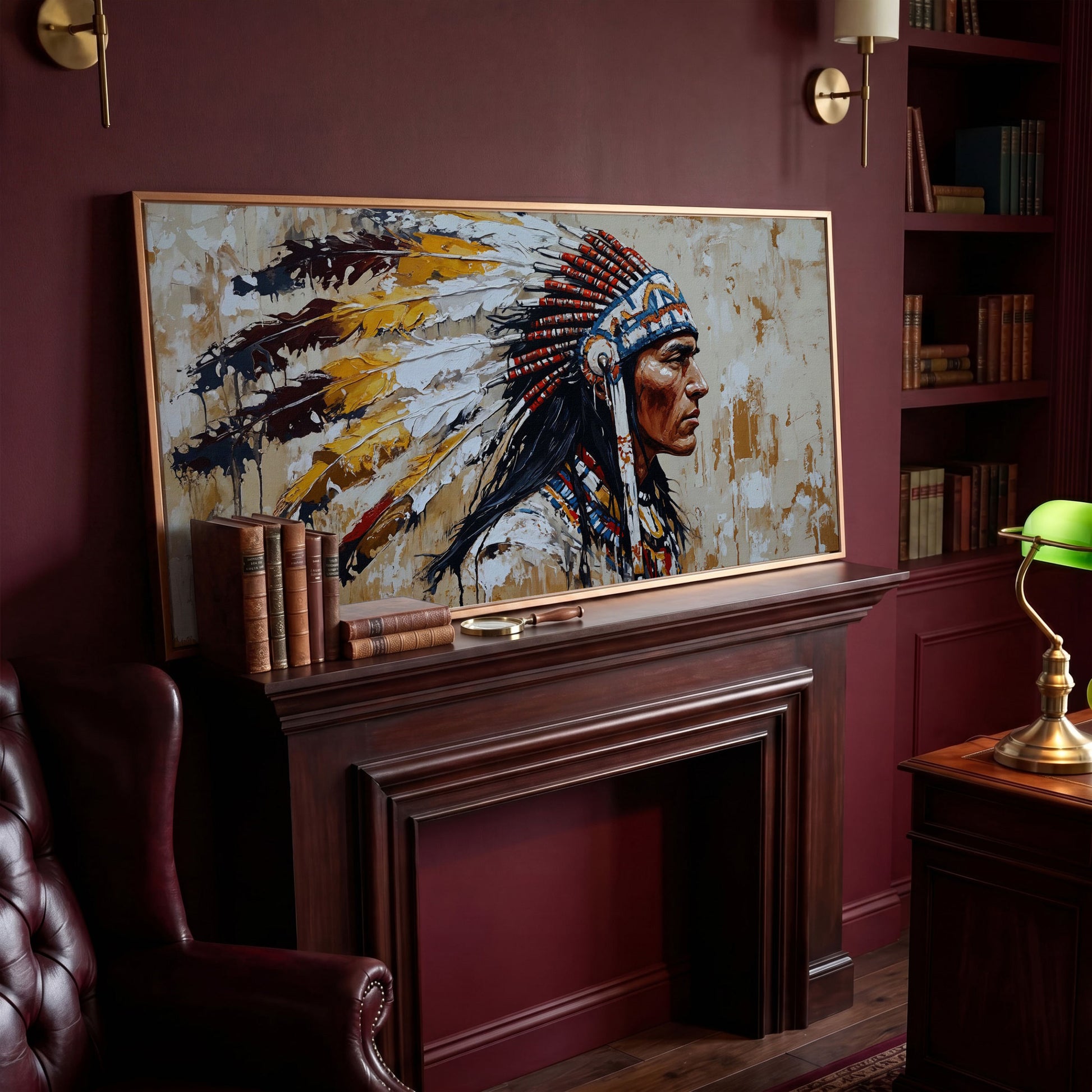 Traditional Chief Feather Headdress Canvas in antique gold floating frame