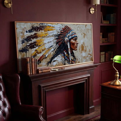 Traditional Chief Feather Headdress Canvas in antique gold floating frame