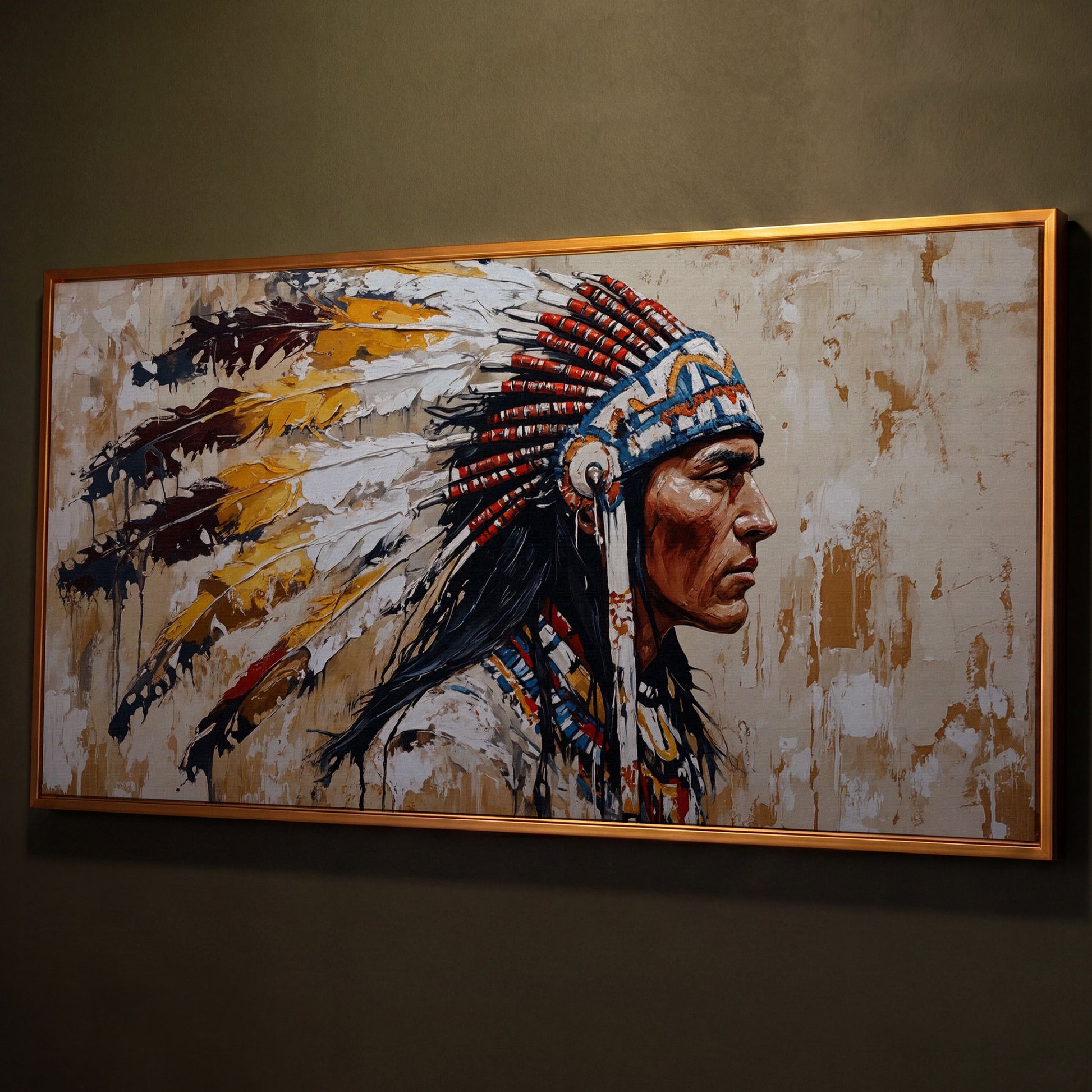 Traditional Chief Feather Headdress Canvas shown in antique gold floating frame