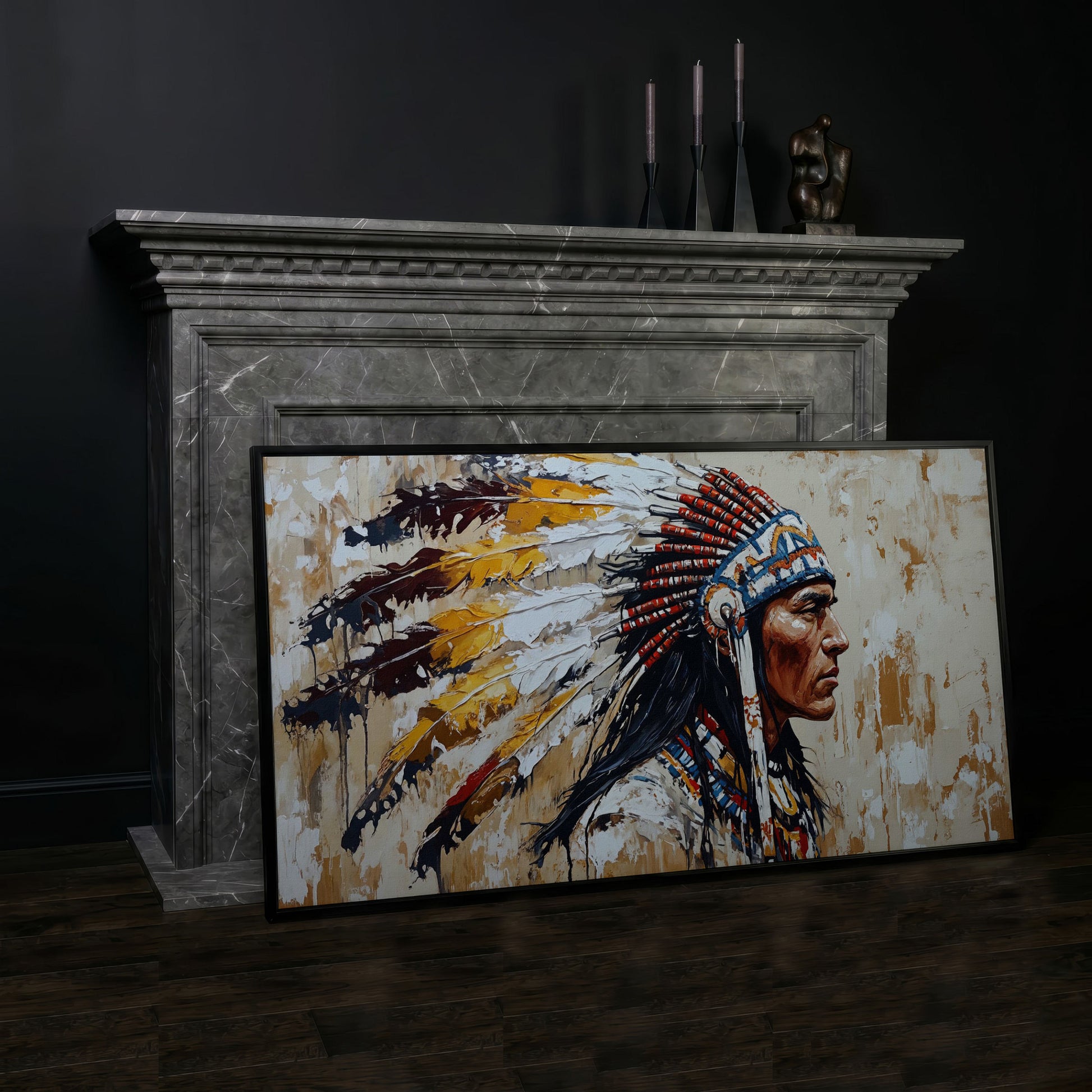 Traditional Chief Feather Headdress Canvas in black floating frame