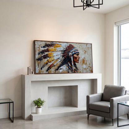 Traditional Chief Feather Headdress Canvas in dark walnut floating frame