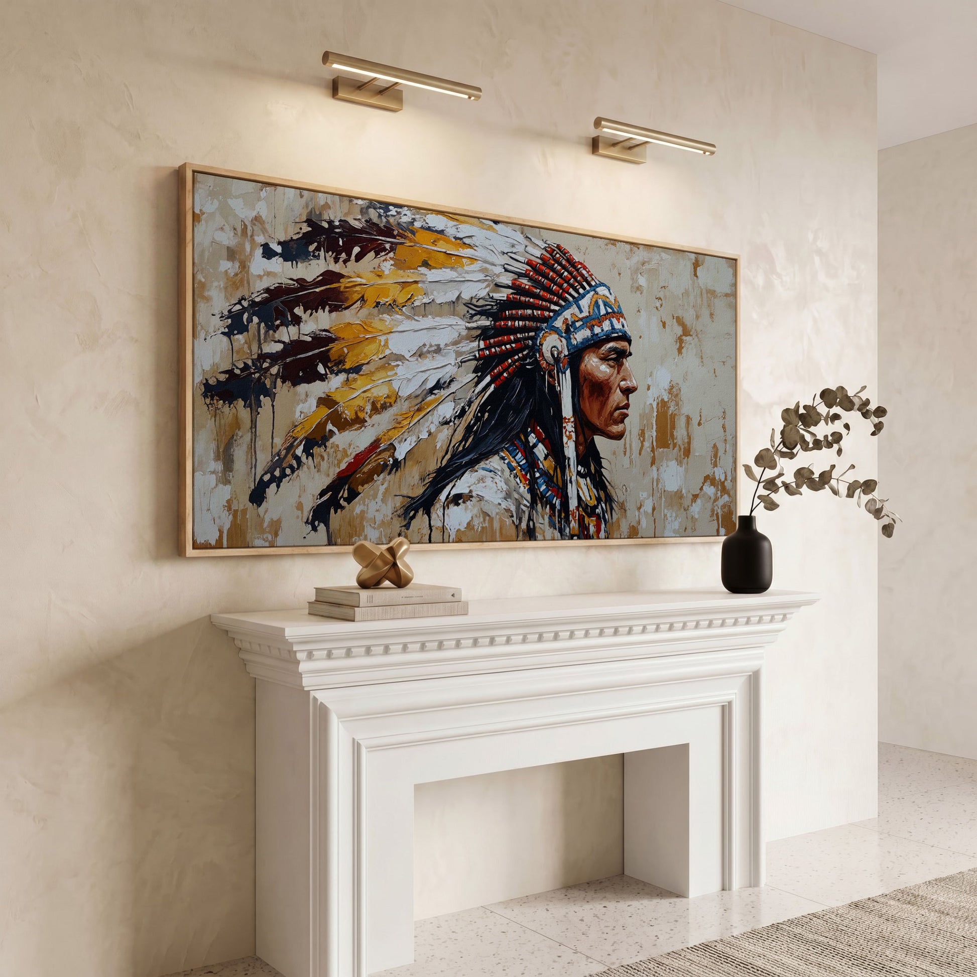Traditional Chief Feather Headdress Canvas in white oak floating frame