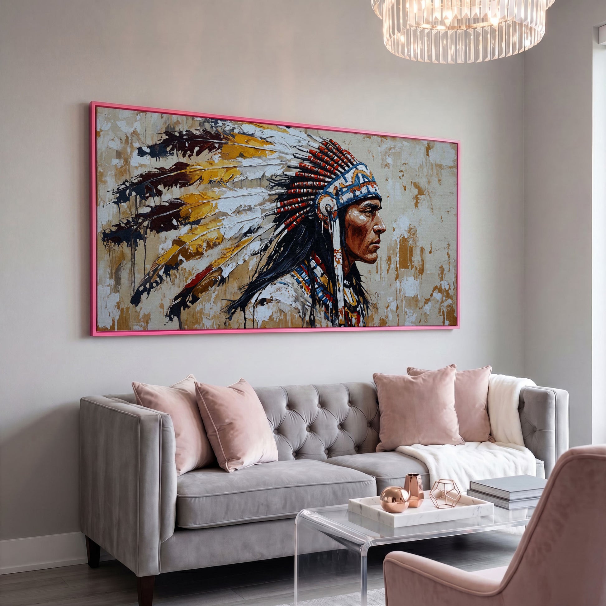 Traditional Chief Feather Headdress Canvas in pink floating frame