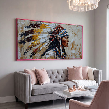 Traditional Chief Feather Headdress Canvas in pink floating frame