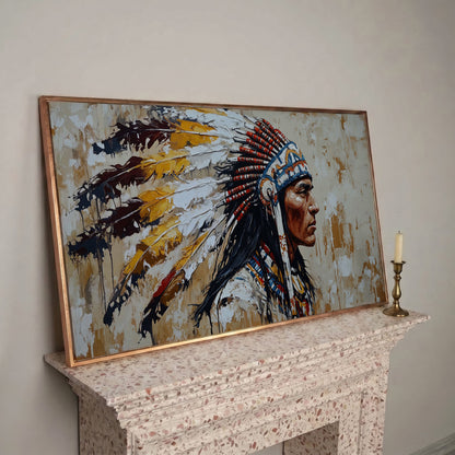 Traditional Chief Feather Headdress Canvas in rose gold floating frame