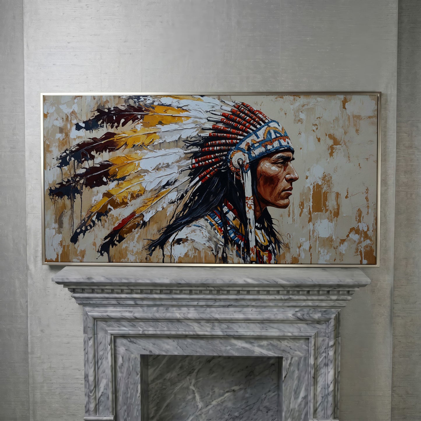 Traditional Chief Feather Headdress Canvas in silver floating frame