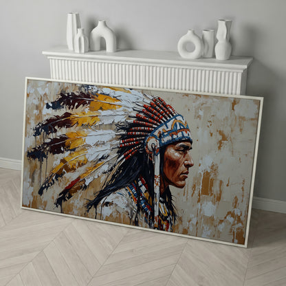Traditional Chief Feather Headdress Canvas in white floating frame