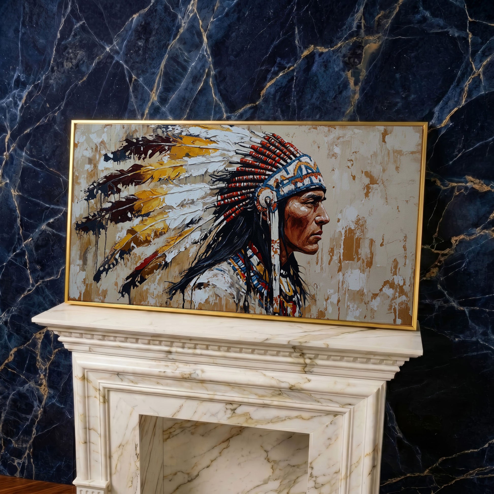 Traditional Chief Feather Headdress Canvas in yellow gold floating frame