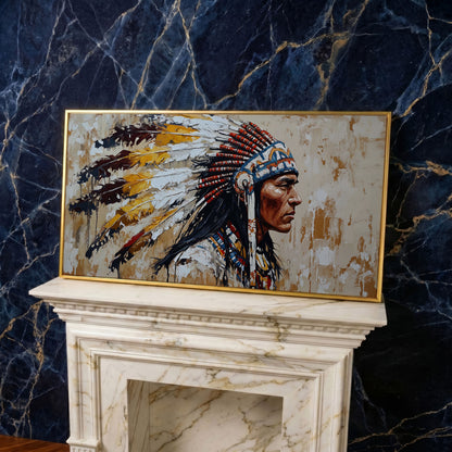 Traditional Chief Feather Headdress Canvas in yellow gold floating frame