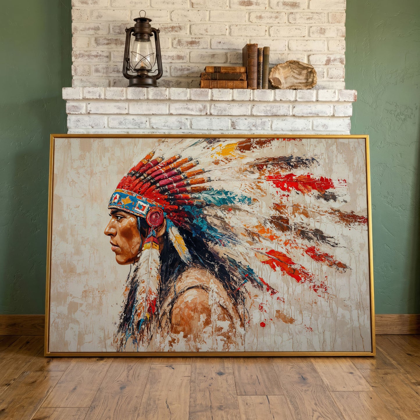 Native American Tribal Leader Canvas Print in antique gold floating frame