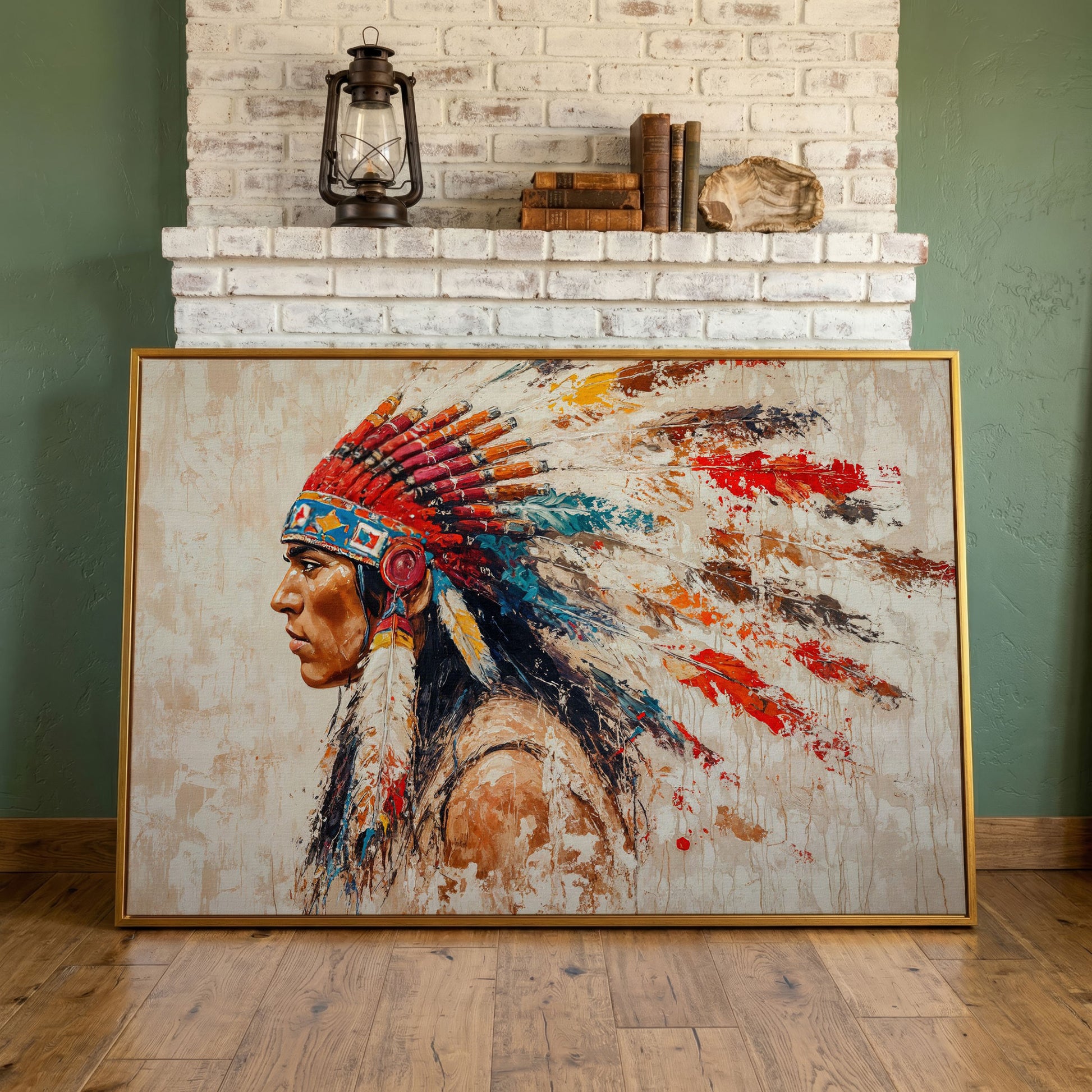 Native American Tribal Leader Canvas Print in antique gold floating frame