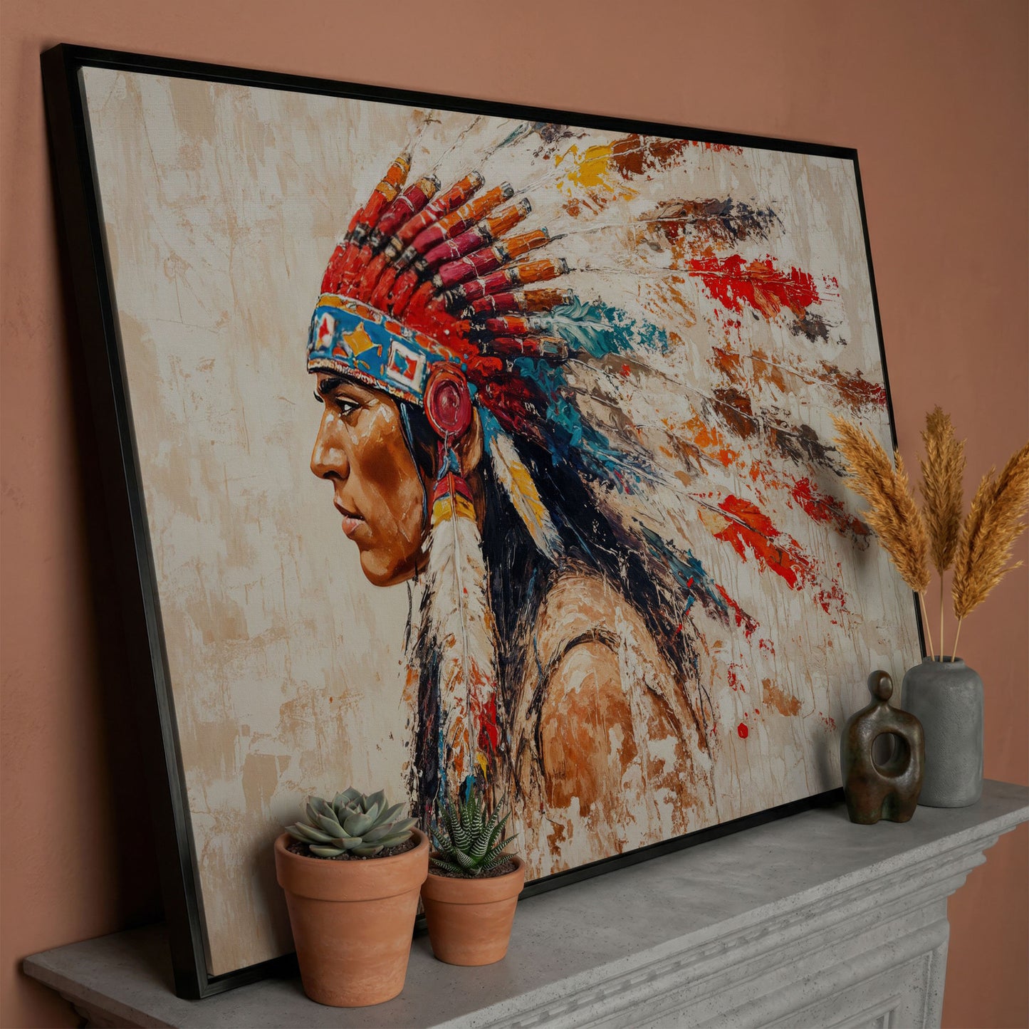 Native American Tribal Leader Canvas Print in black floating frame